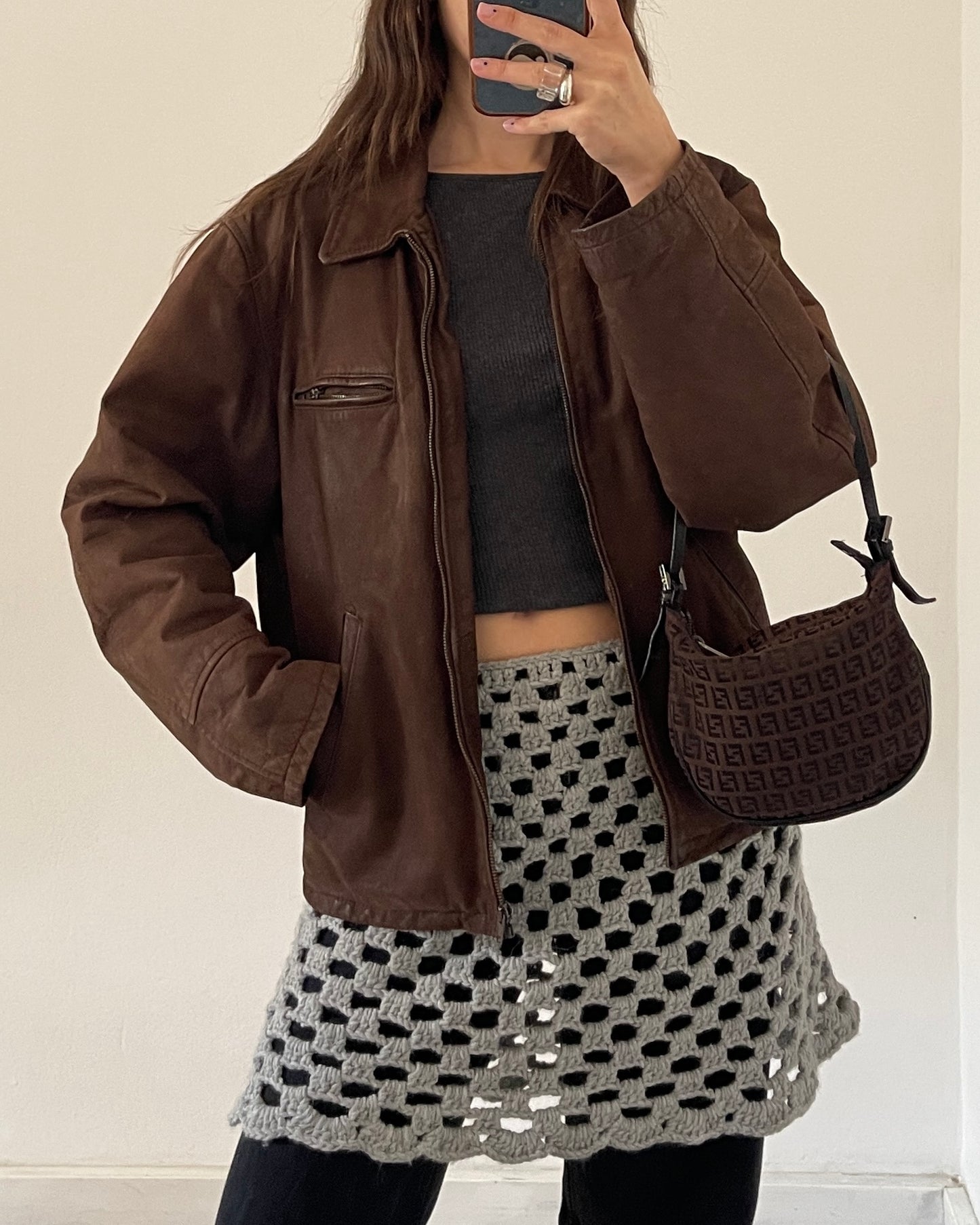 Brown leather bomber jacket
