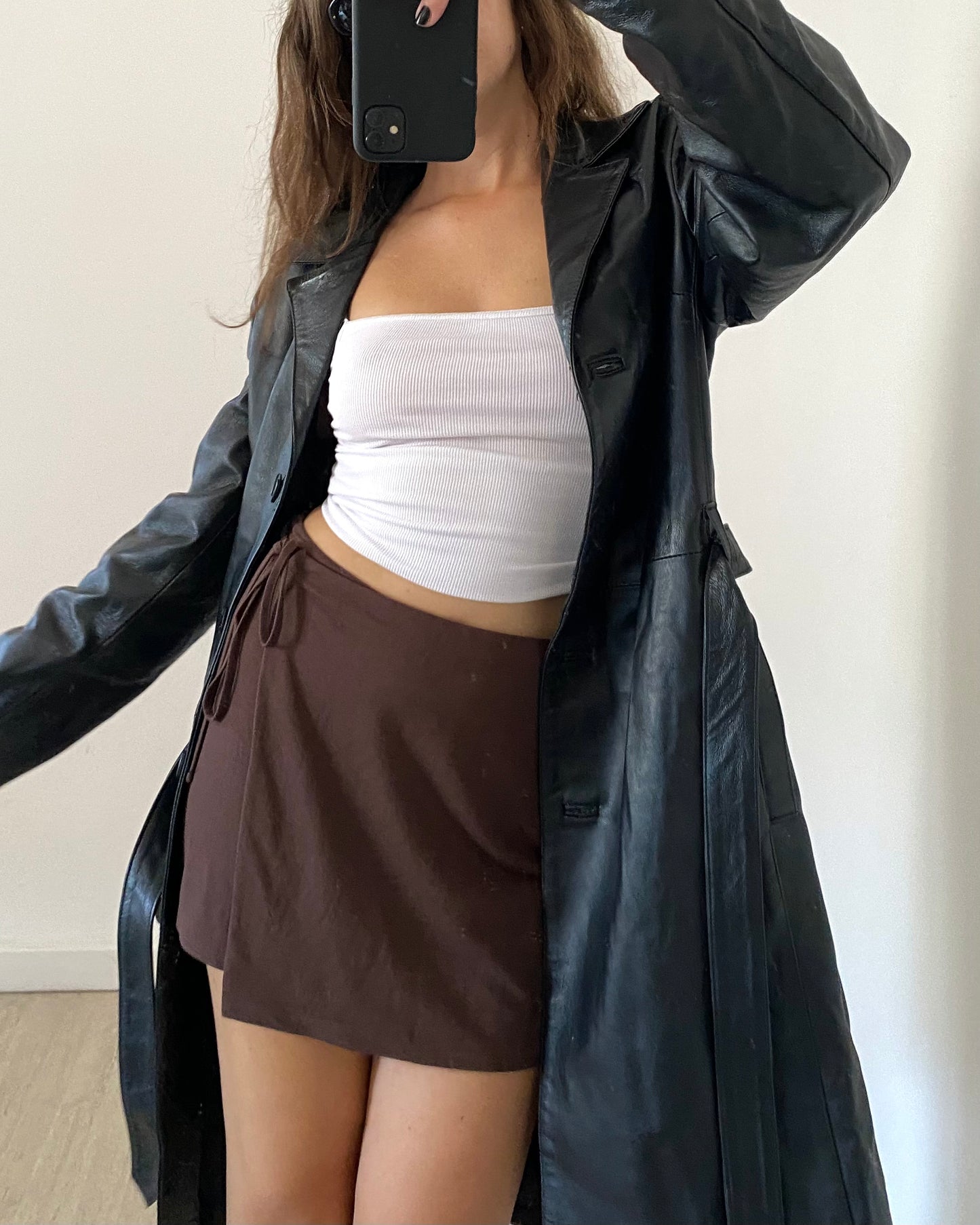 Belted leather trench jacket