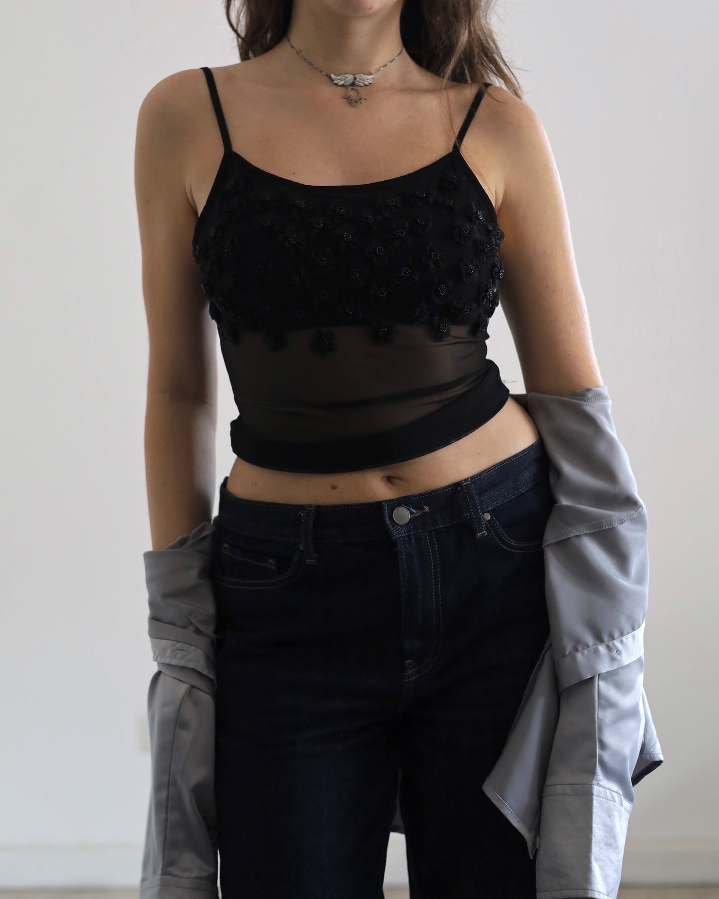 3-D flowers mesh top