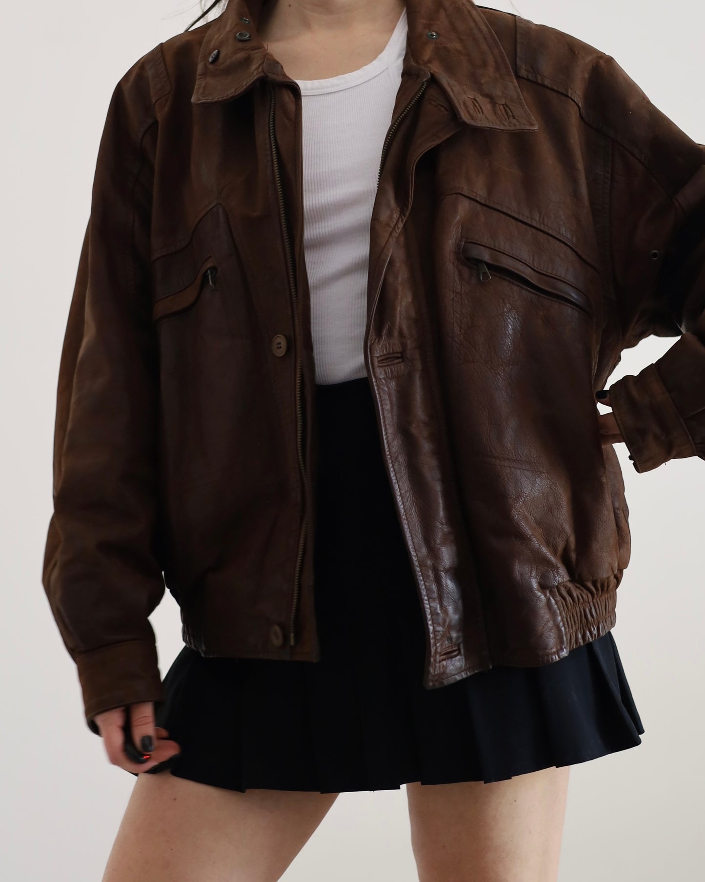 Distressed leather bomber jacket