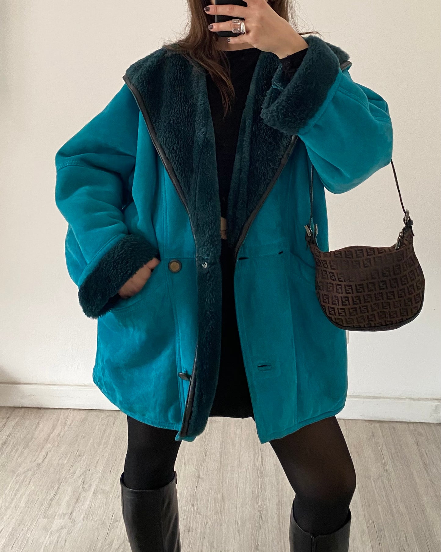 Teal shearling coat