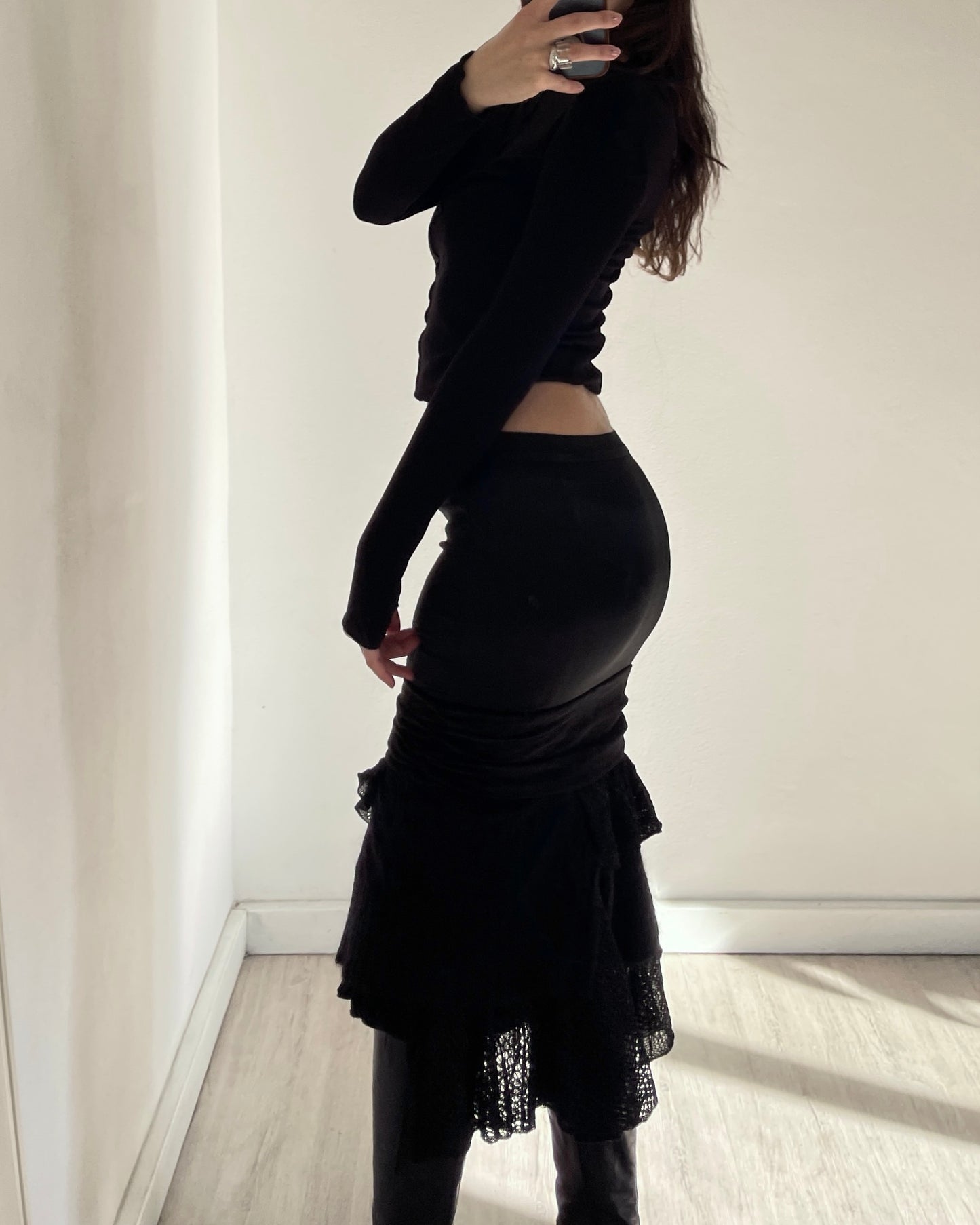 Satin mohair patchwork midi skirt