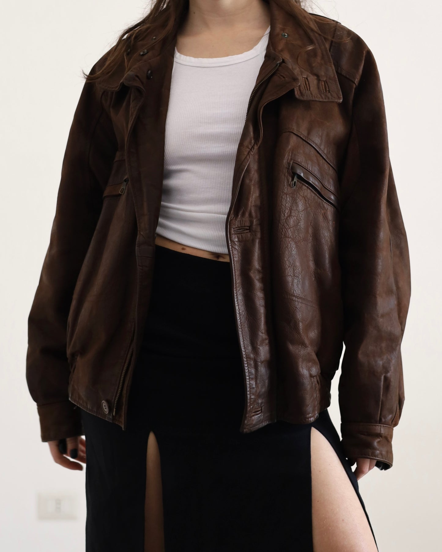 Distressed leather bomber jacket