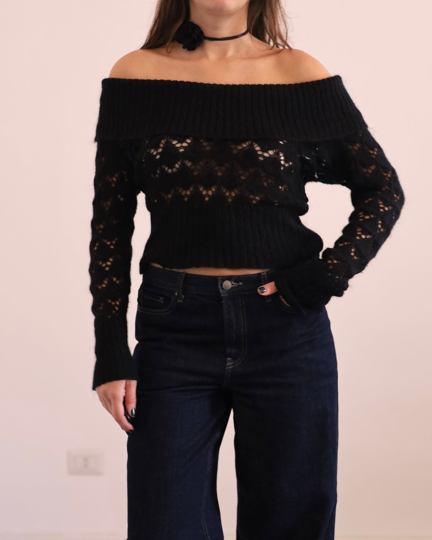 Pointelle off-the-shoulders knitted top mop