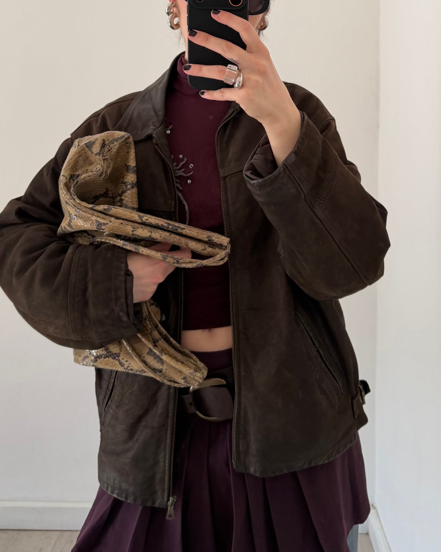 Brown distressed leather bomber jacket