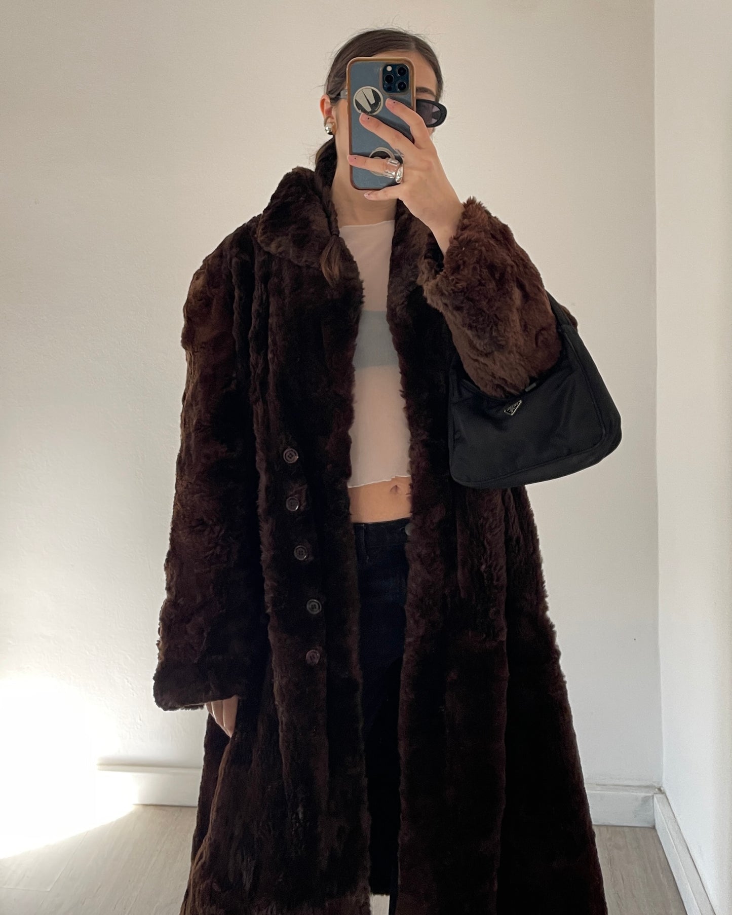 Brown long faux fur coat