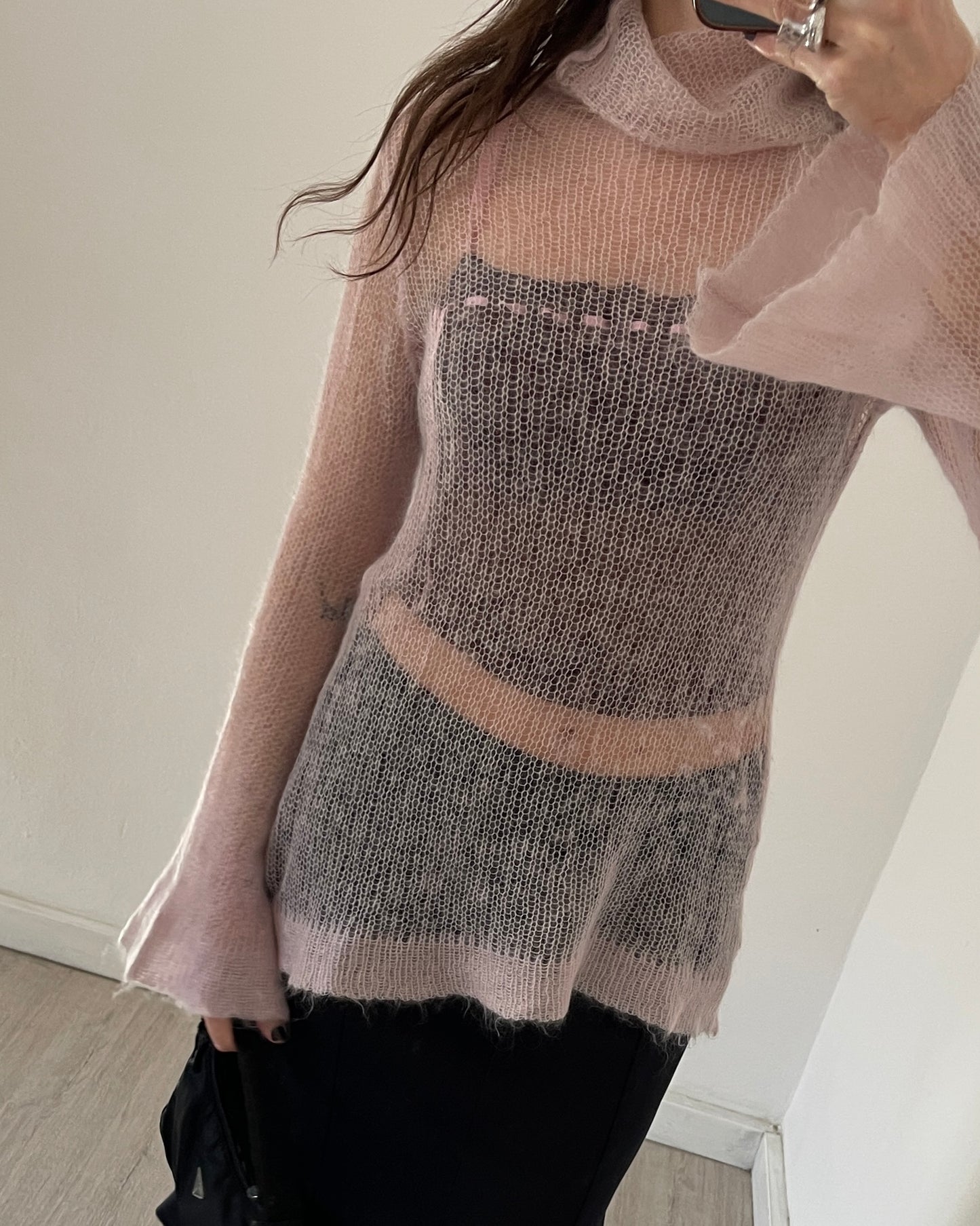 Sheer top with baby pink ribbon