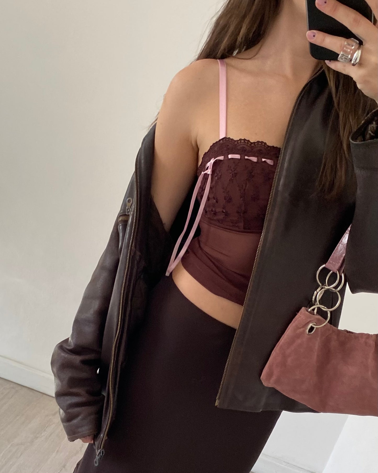 Sheer top with baby pink ribbon