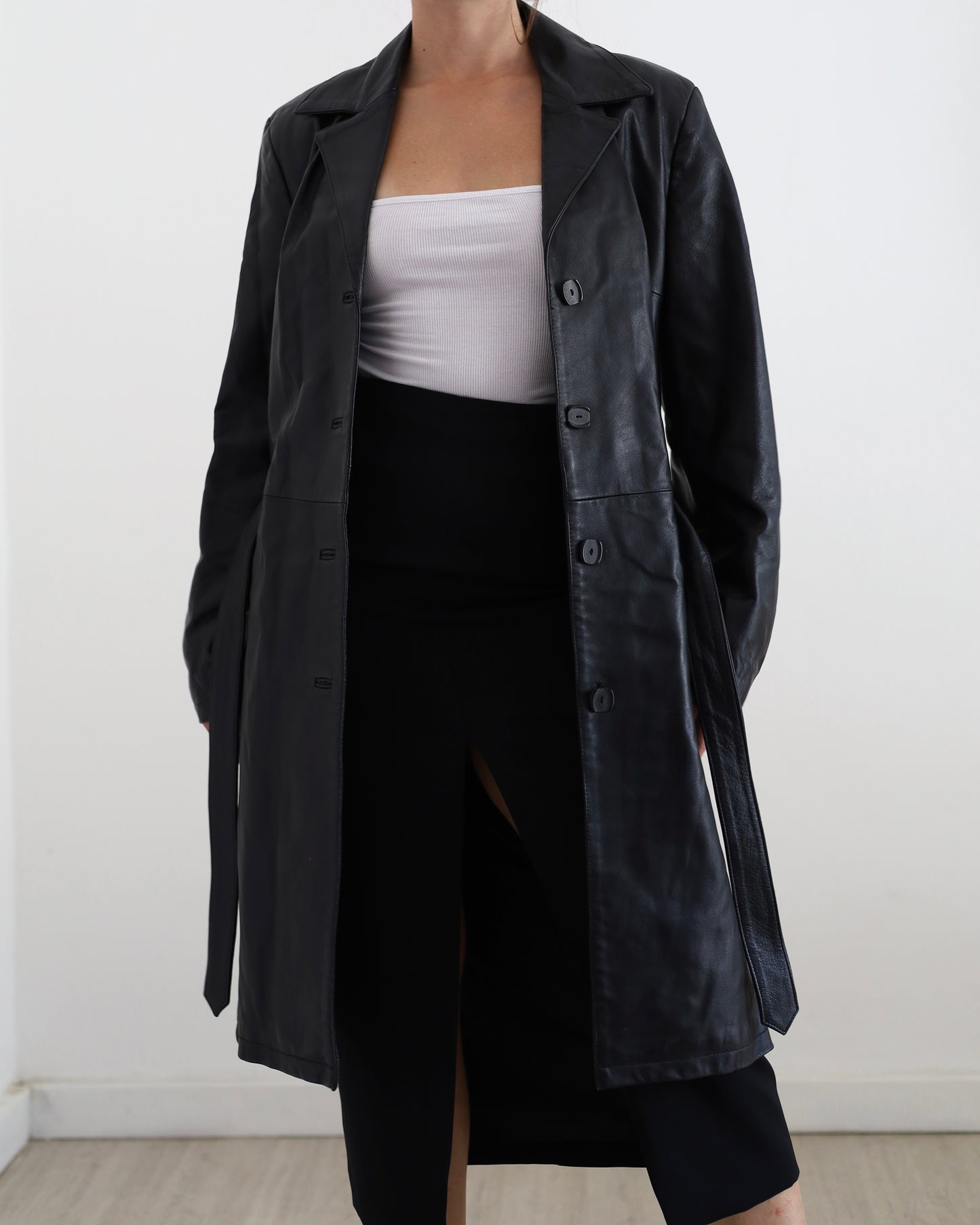 Belted leather trench jacket