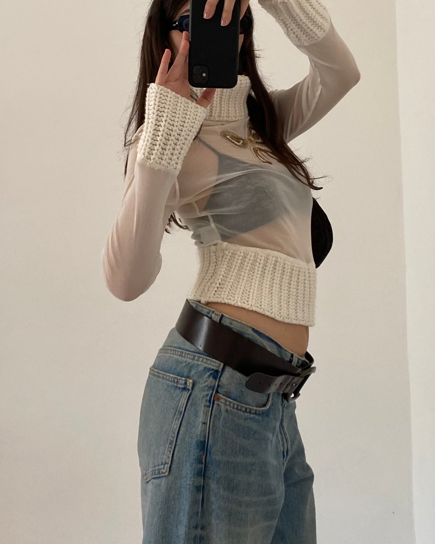 Sheer micro mesh turtleneck top