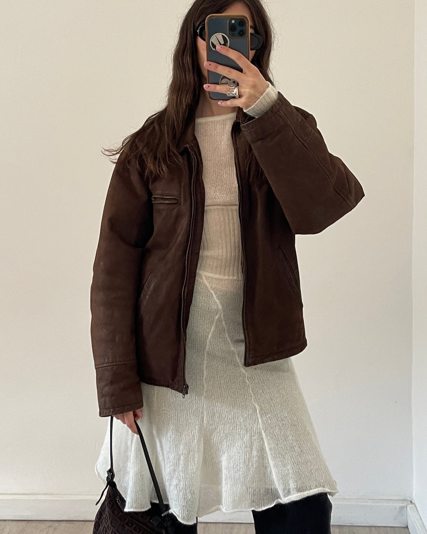 Brown leather bomber jacket