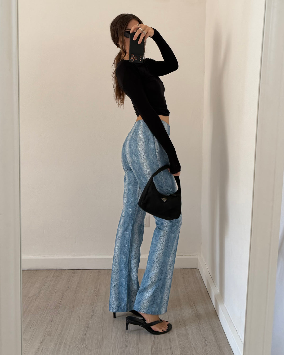 Y2k blue snakeskin flares