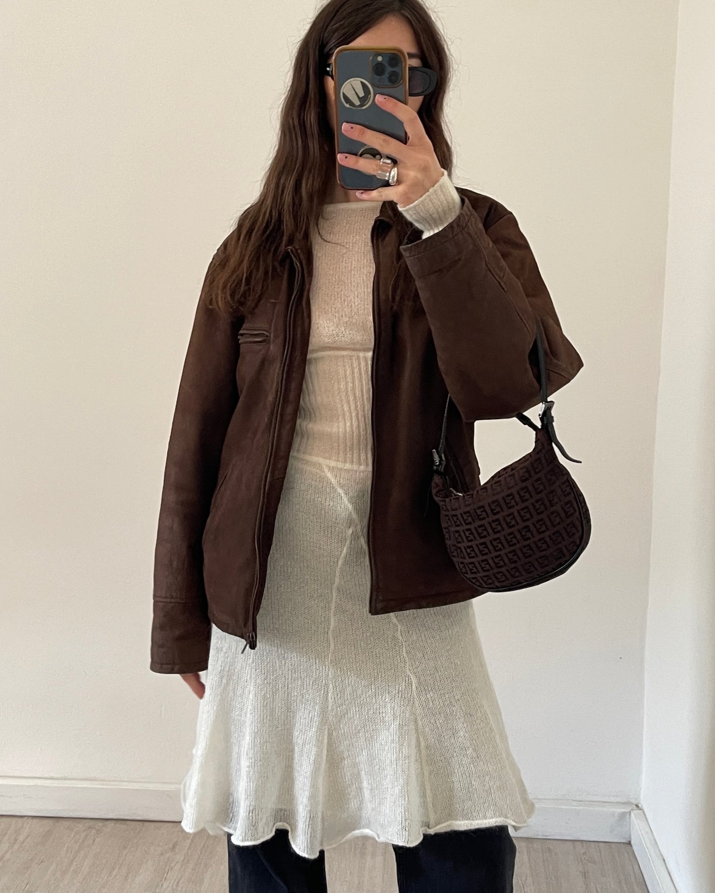 Brown leather bomber jacket