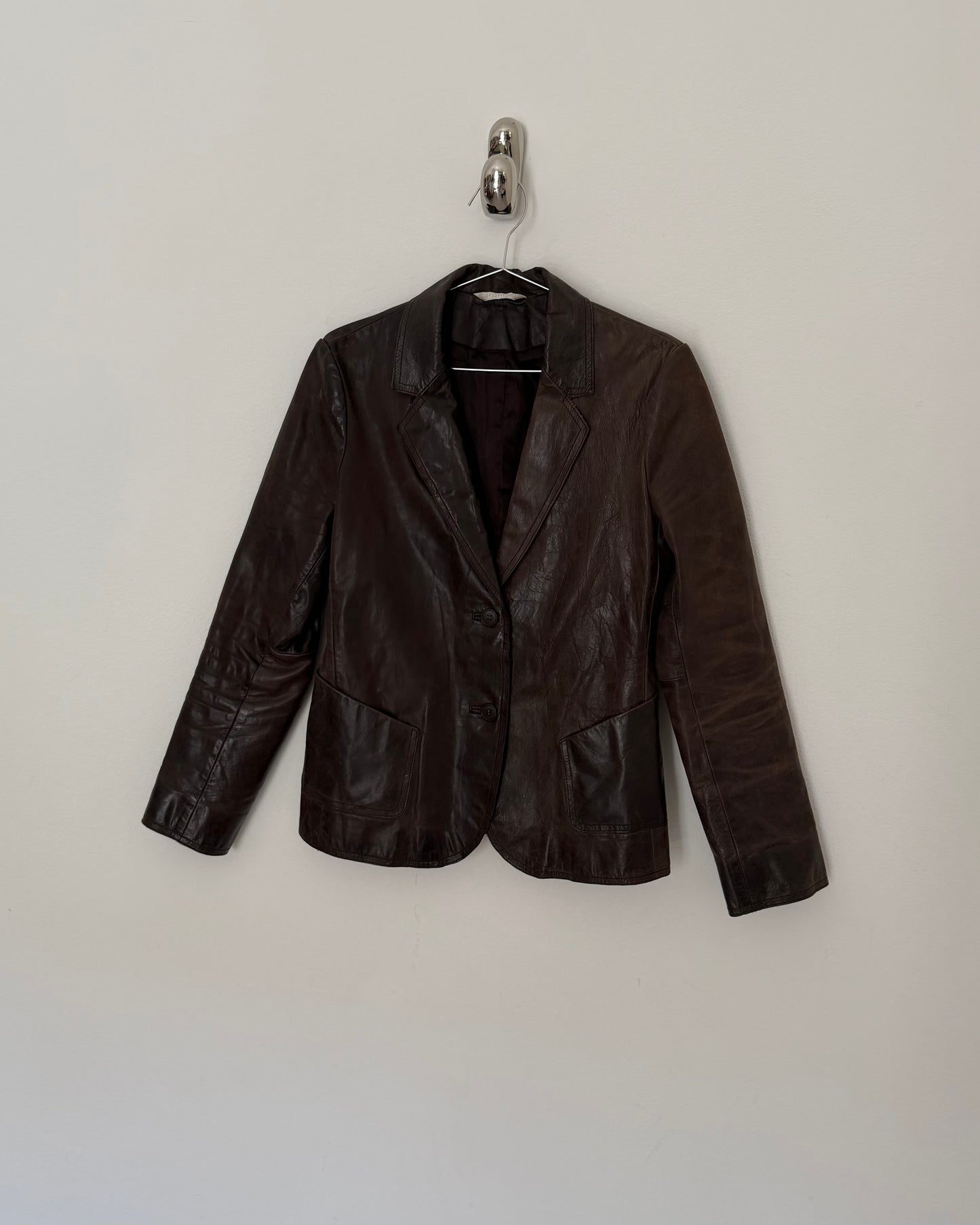 Brown distressed leather blazer jacket