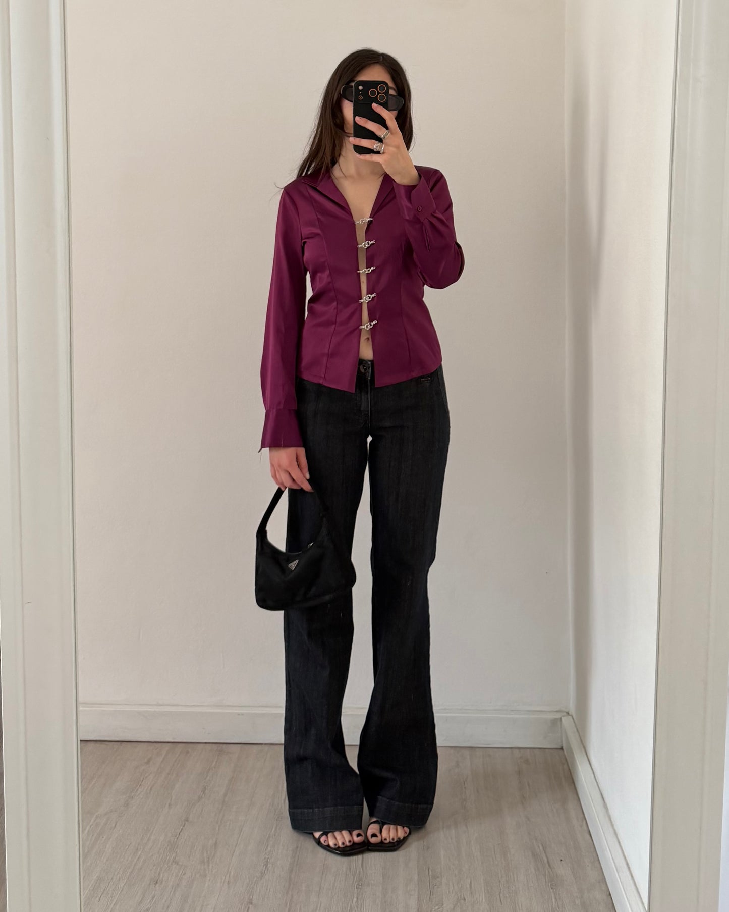 Satin shirt with metal hooks