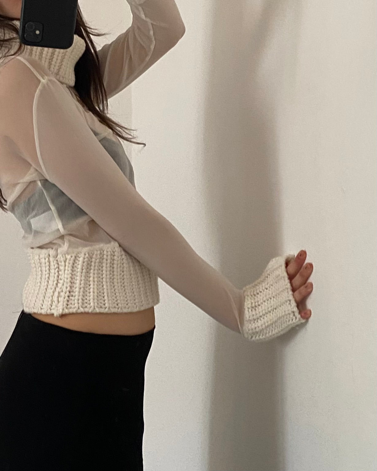 Sheer micro mesh turtleneck top