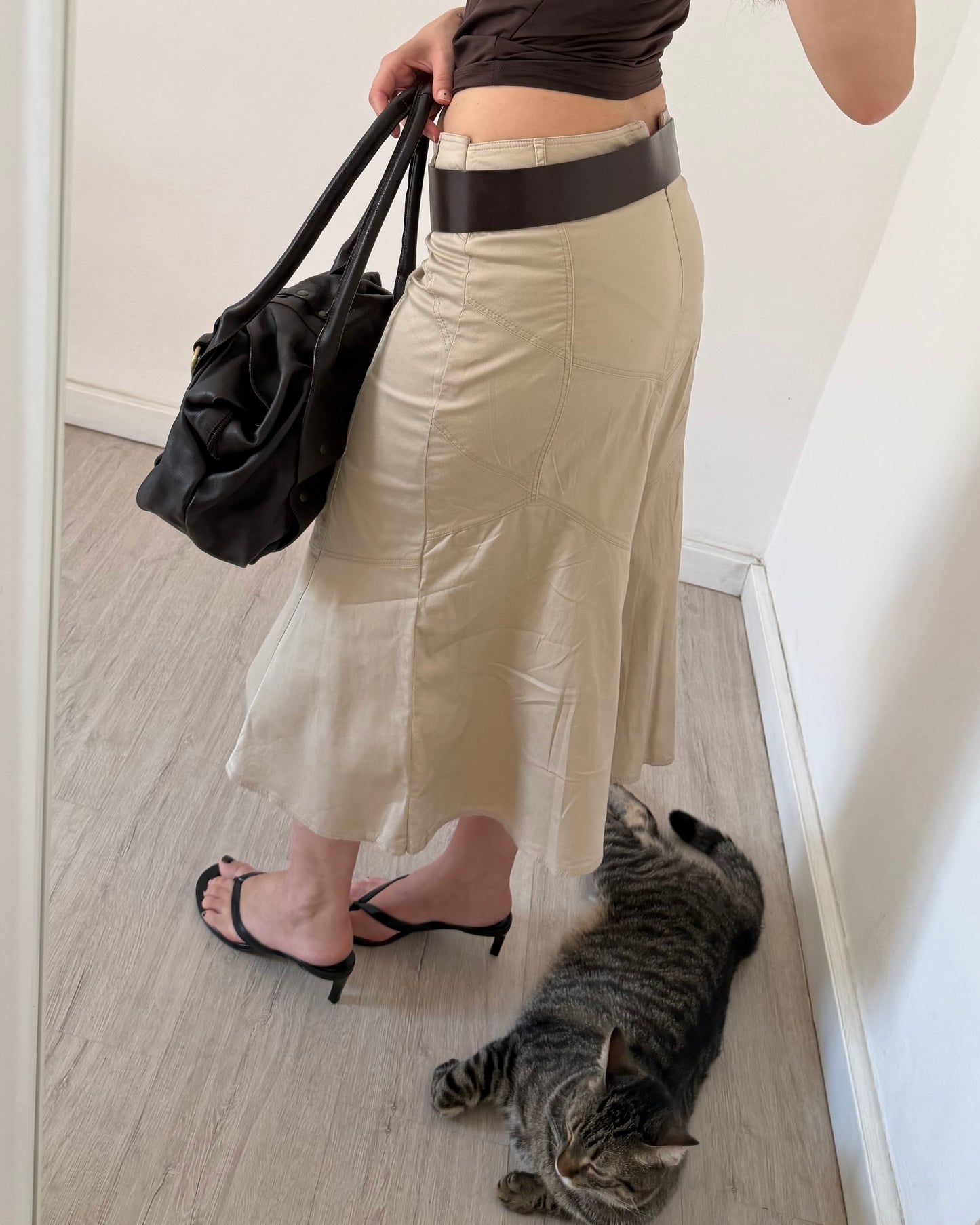Beige cotton midi skirt