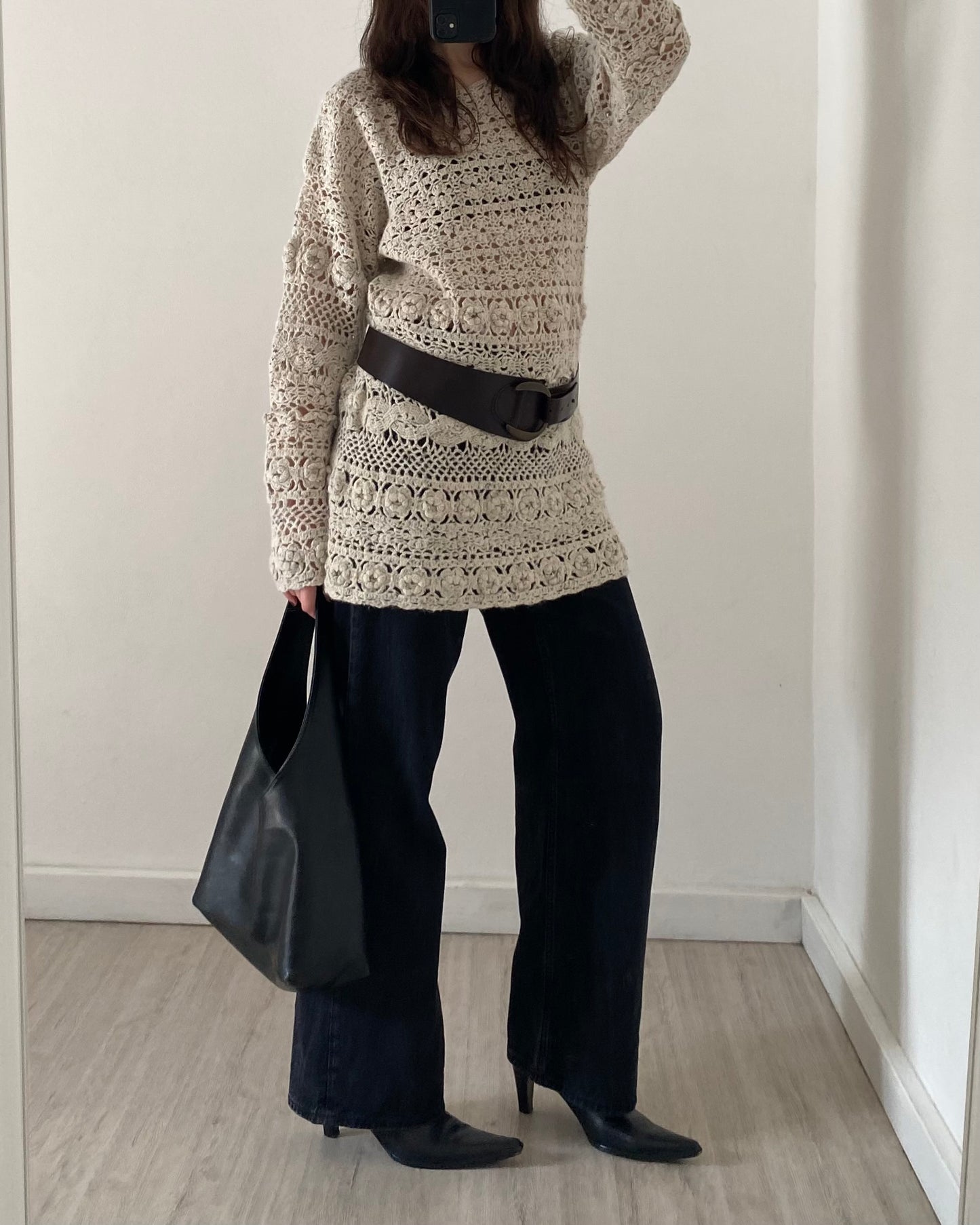 Openwork long knit jumper