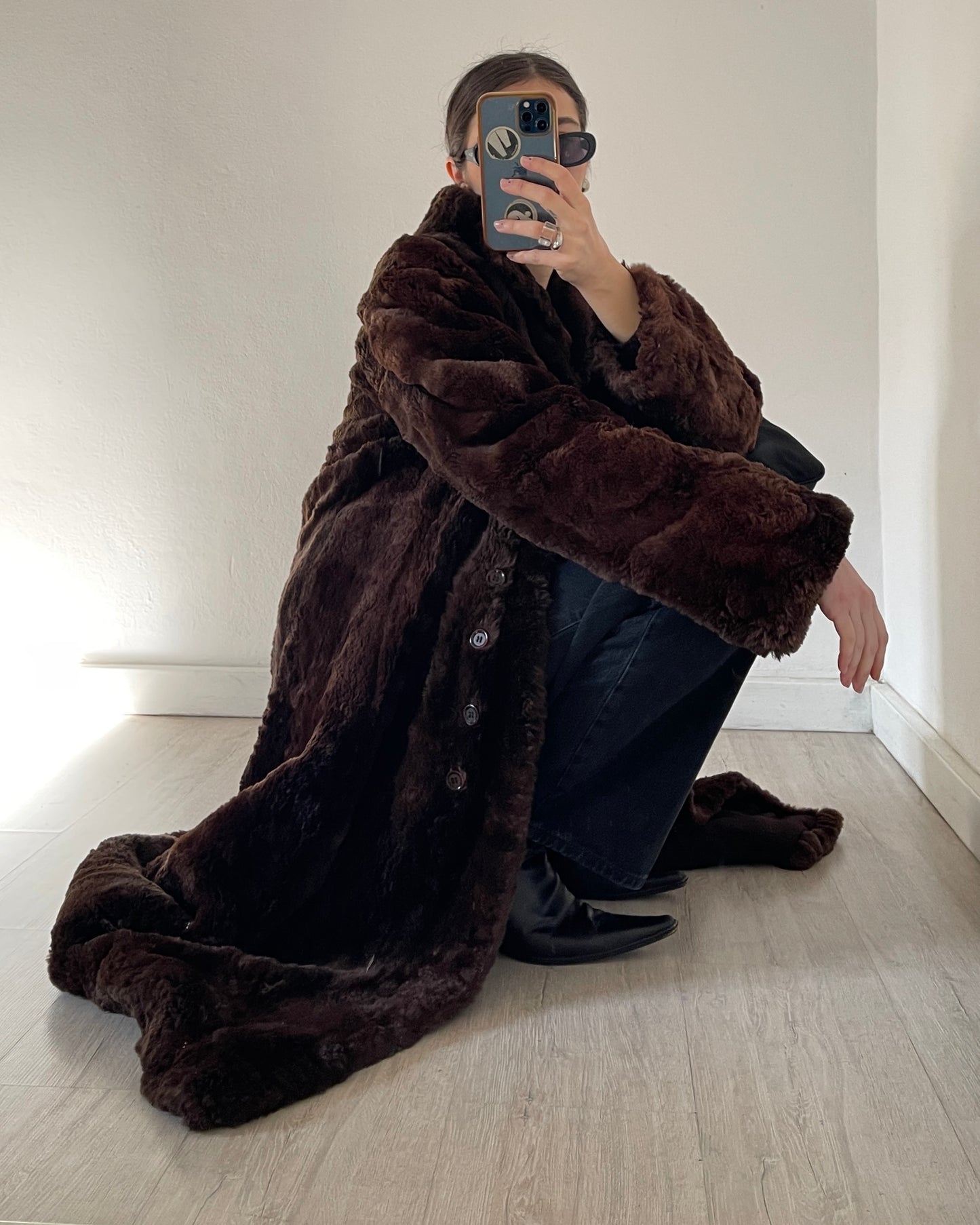 Brown long faux fur coat