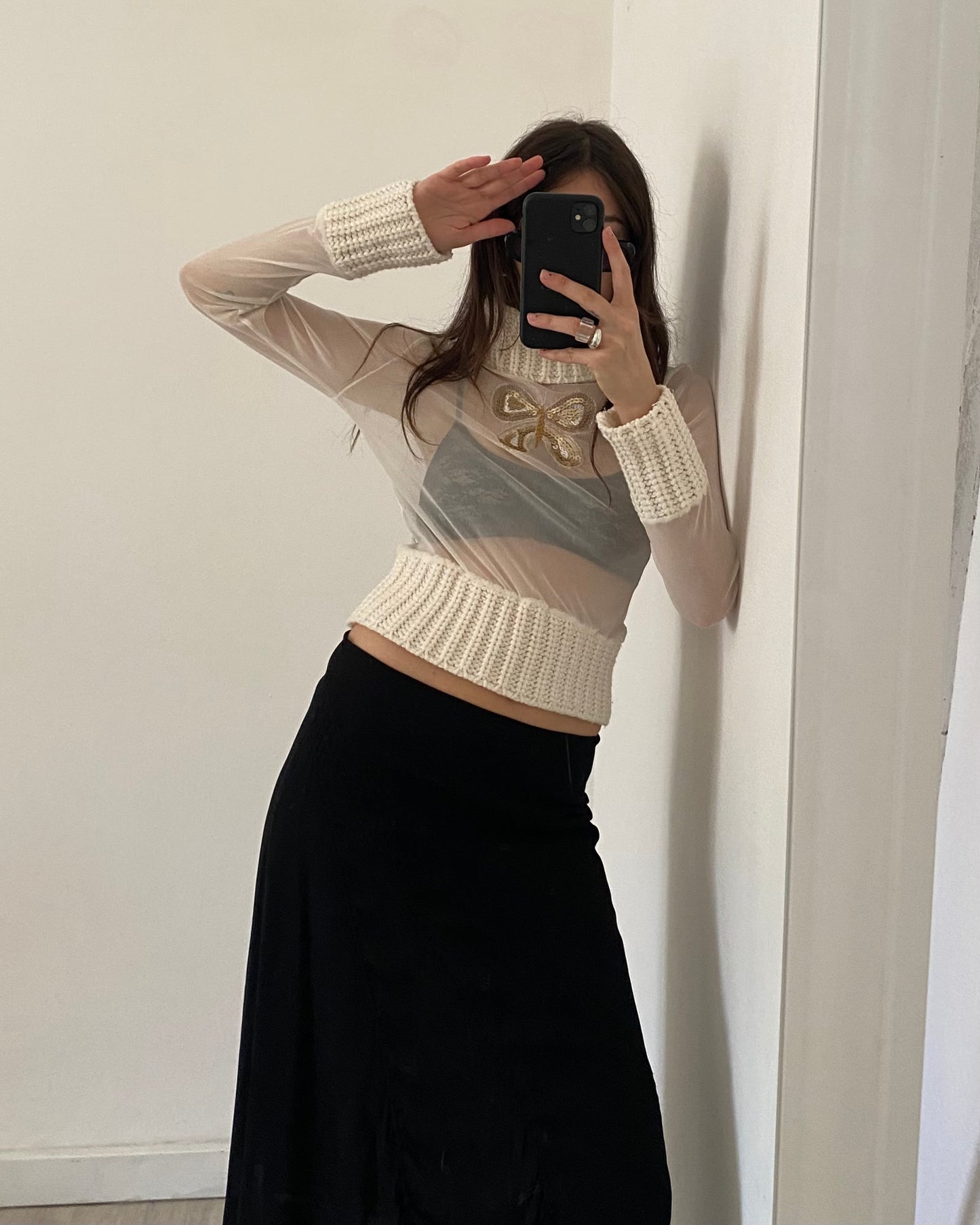 Sheer micro mesh turtleneck top