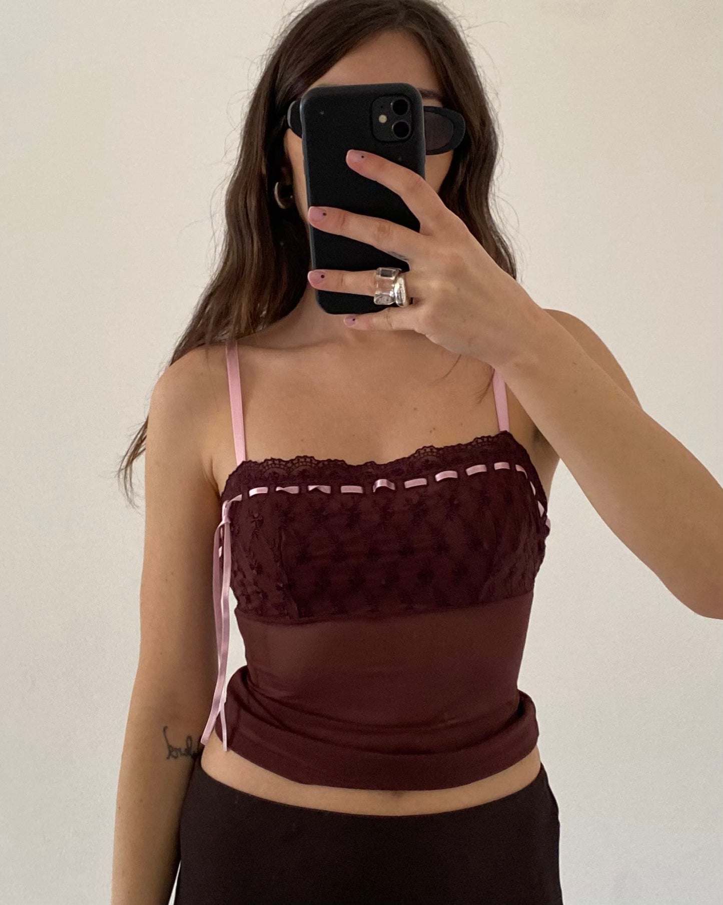 Sheer top with baby pink ribbon