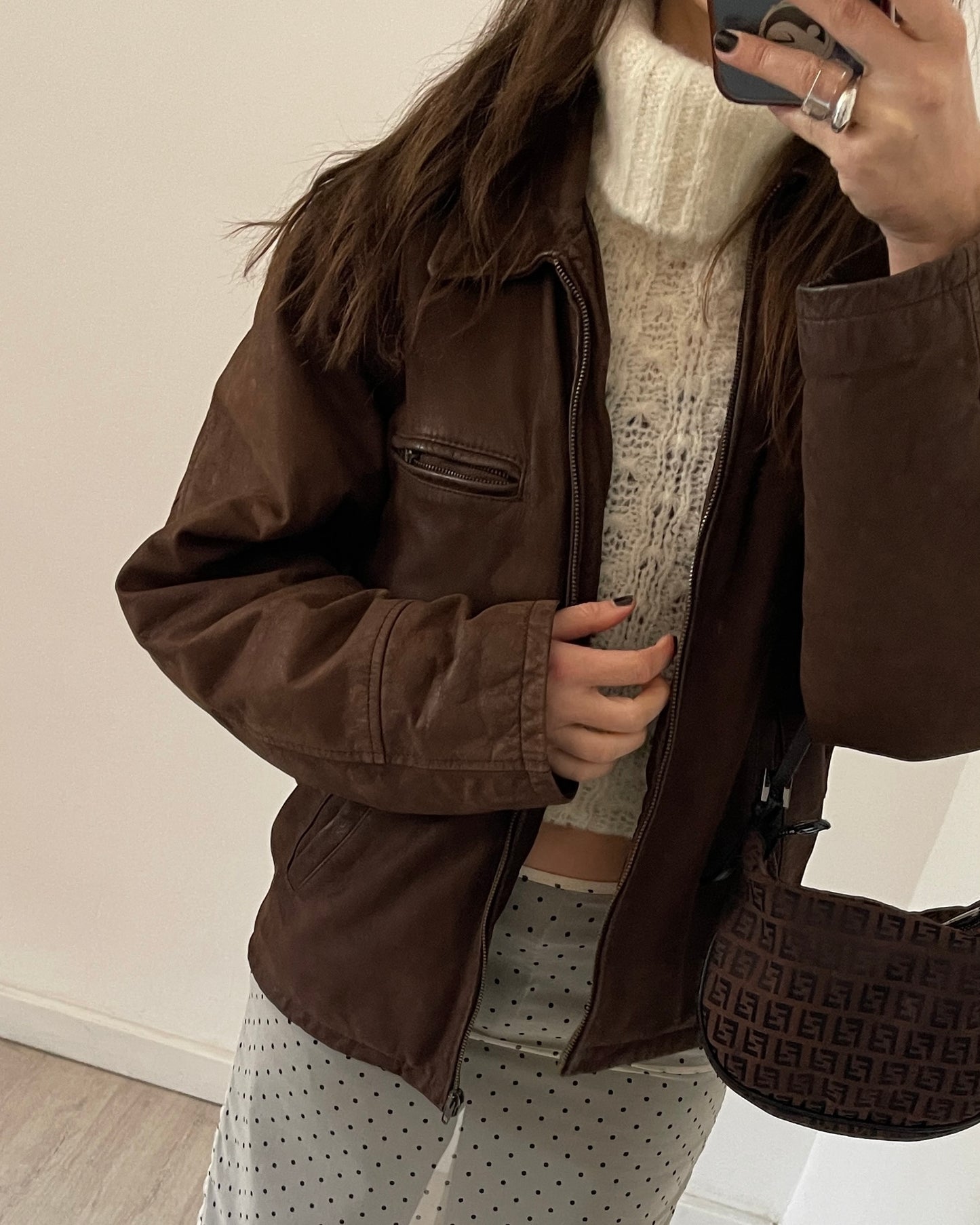 Brown leather bomber jacket