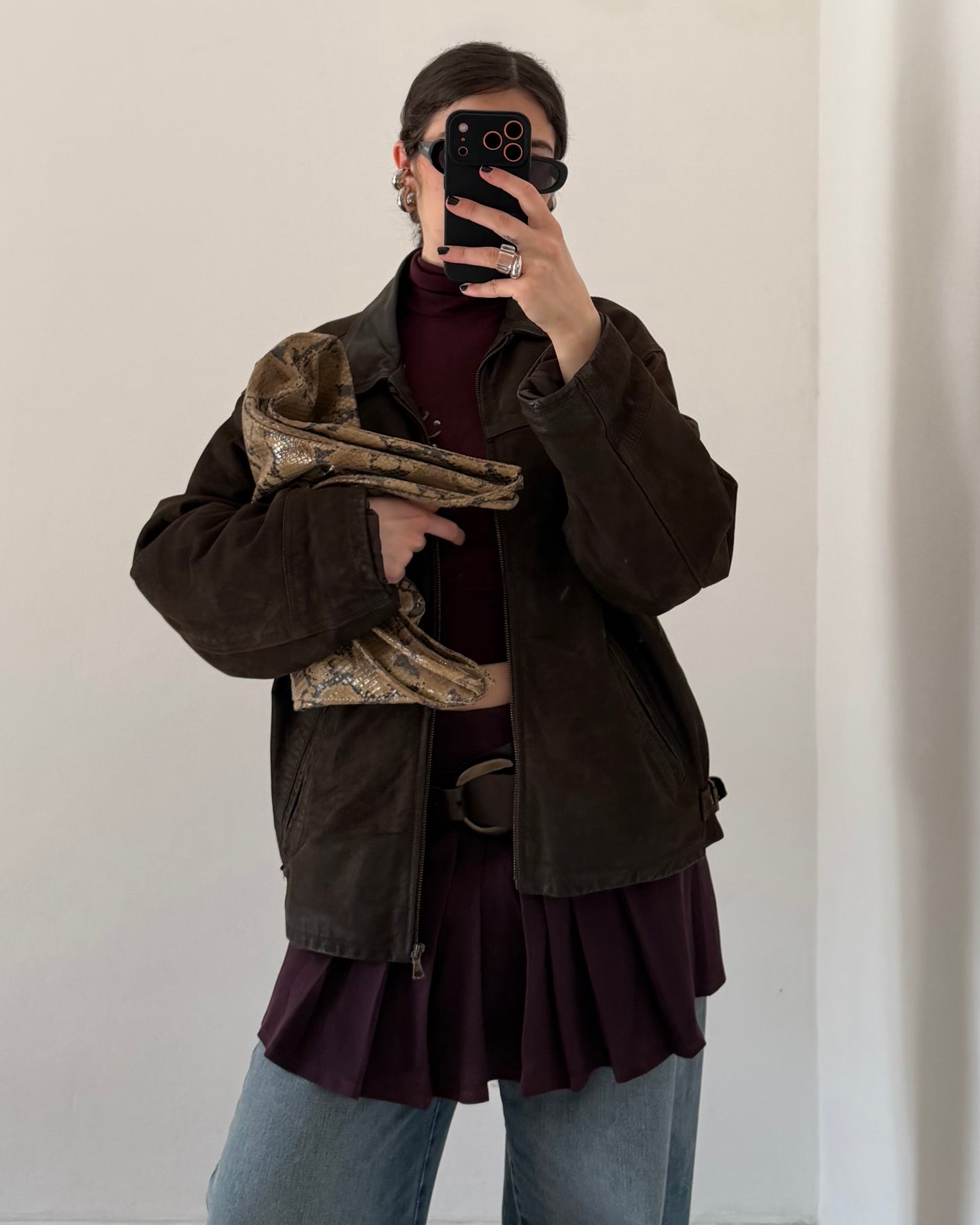 Brown distressed leather bomber jacket