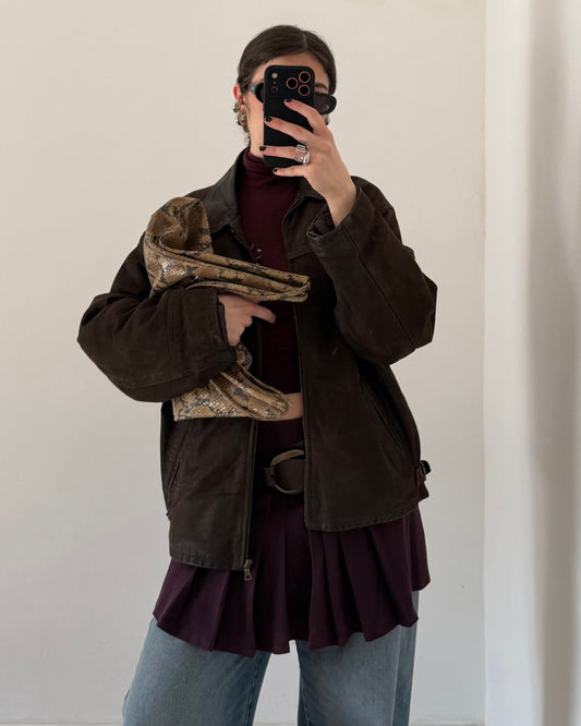 Brown distressed leather bomber jacket