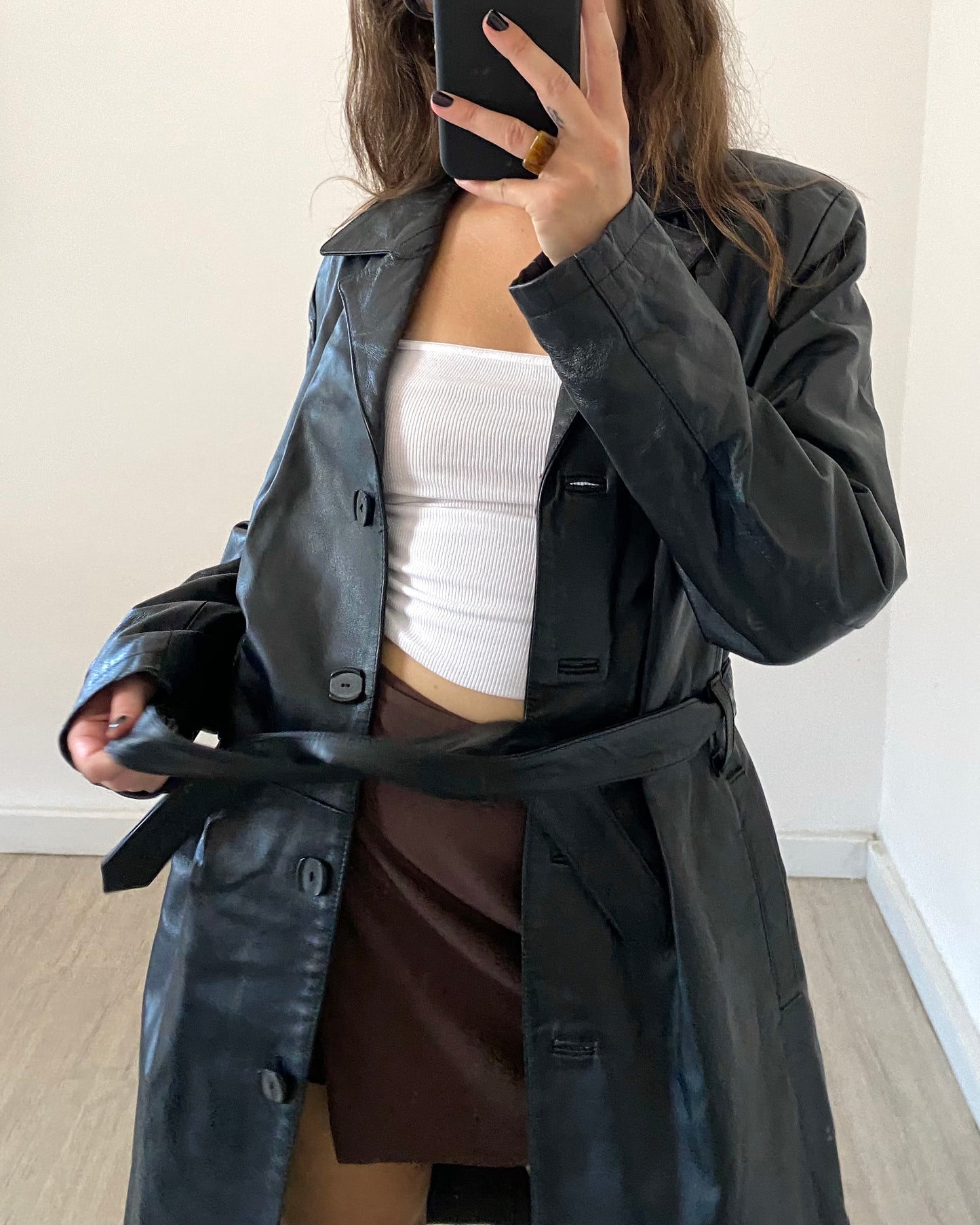 Belted leather trench jacket