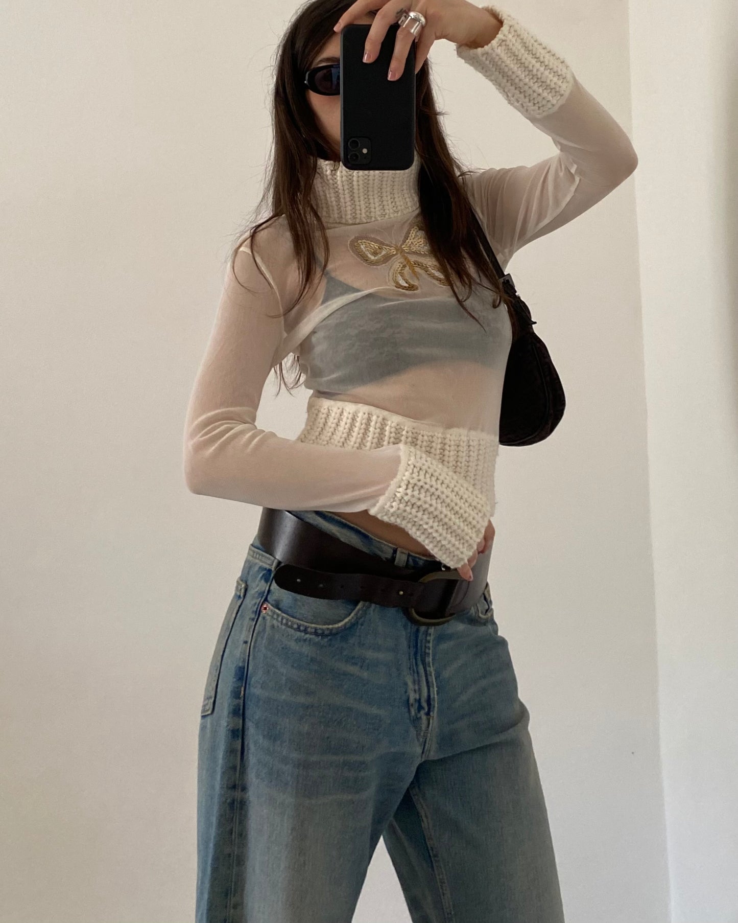 Sheer micro mesh turtleneck top