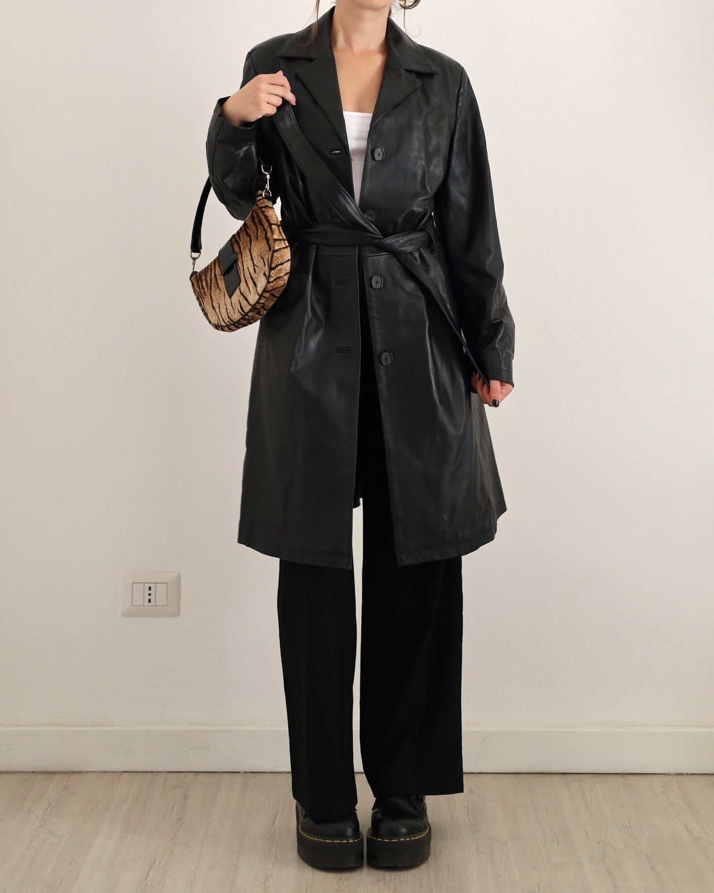 Belted leather trench jacket