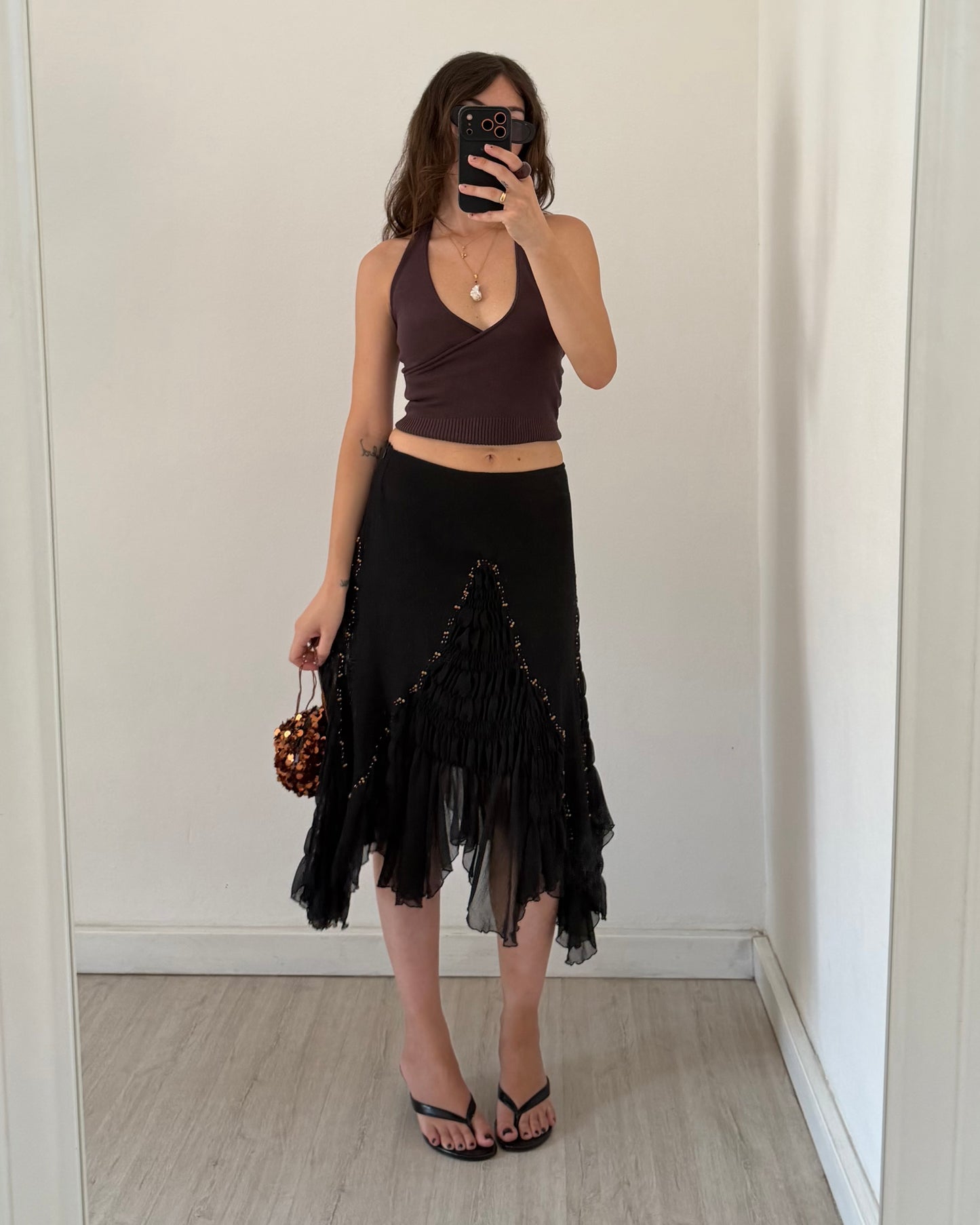 Embroidered chiffon midi skirt