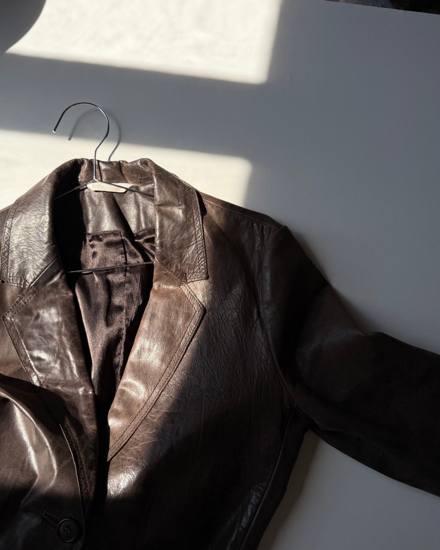 Brown distressed leather blazer jacket