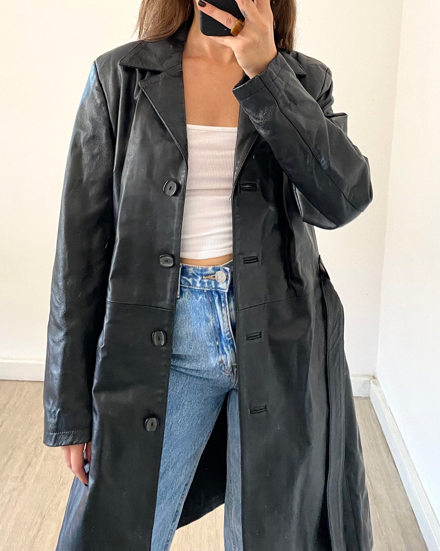 Belted leather trench jacket