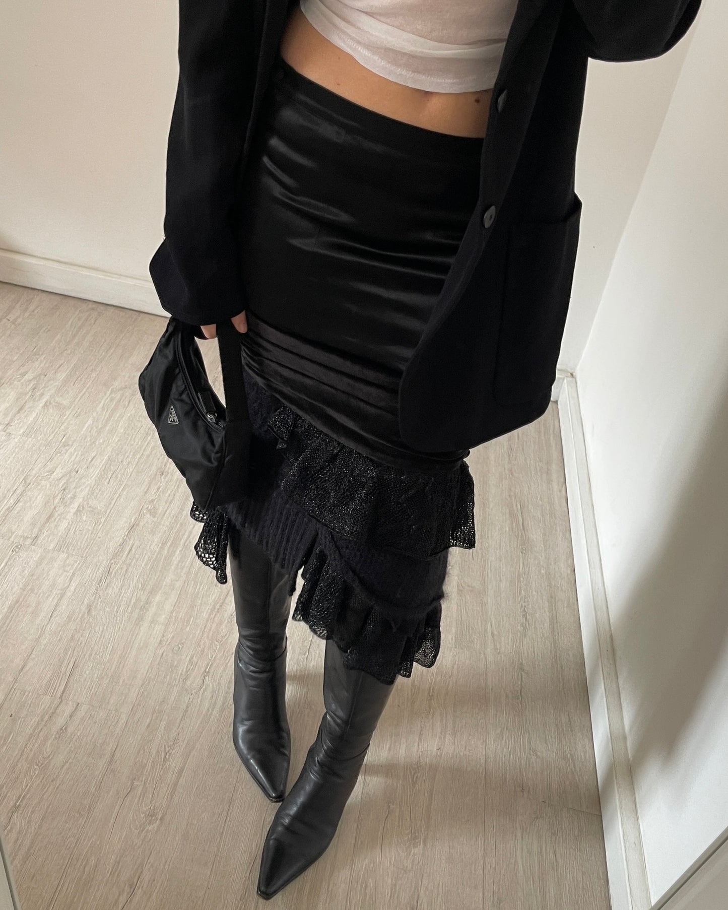 Satin mohair patchwork midi skirt