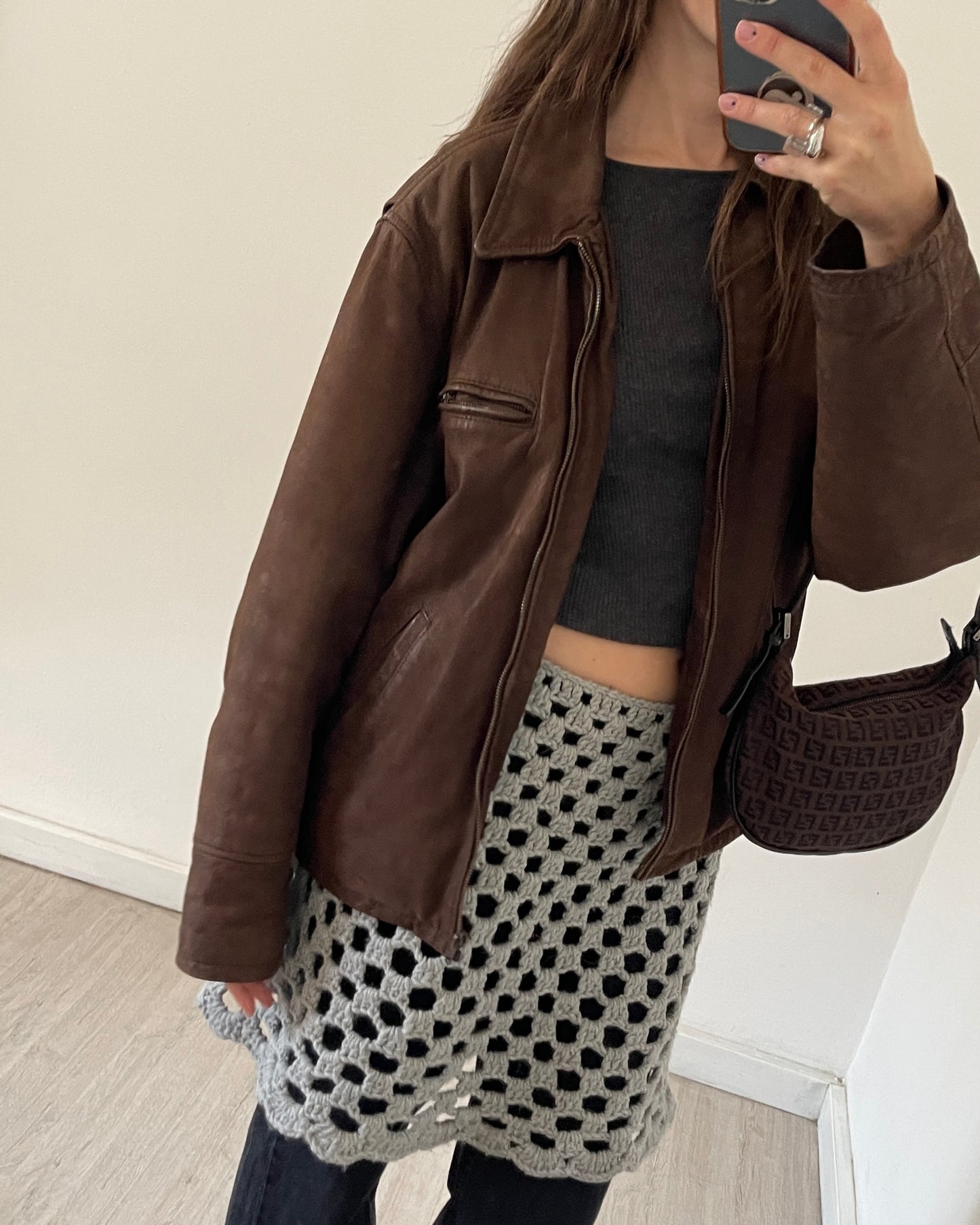 Brown leather bomber jacket