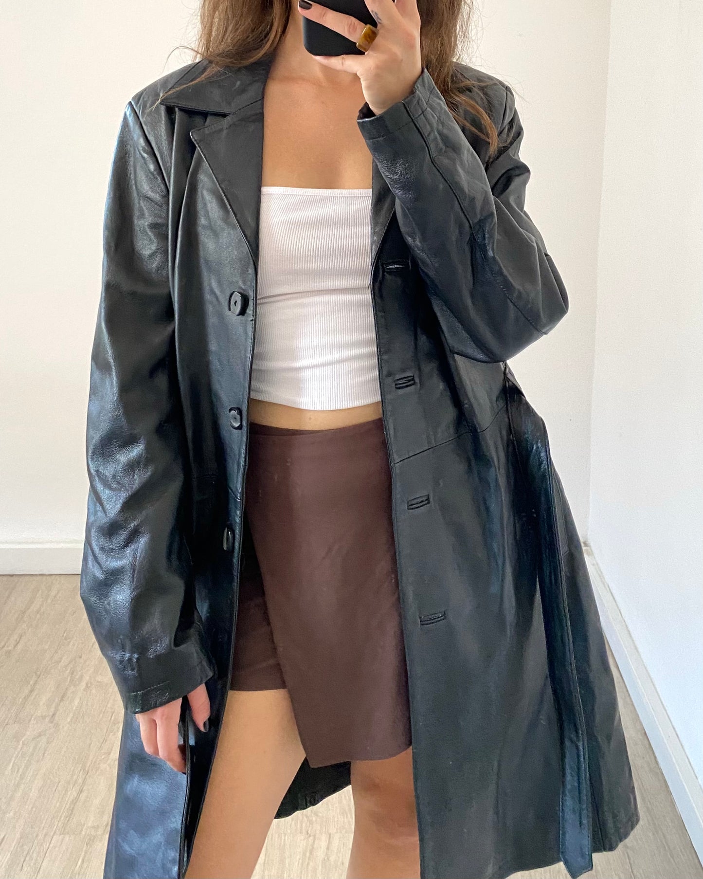 Belted leather trench jacket