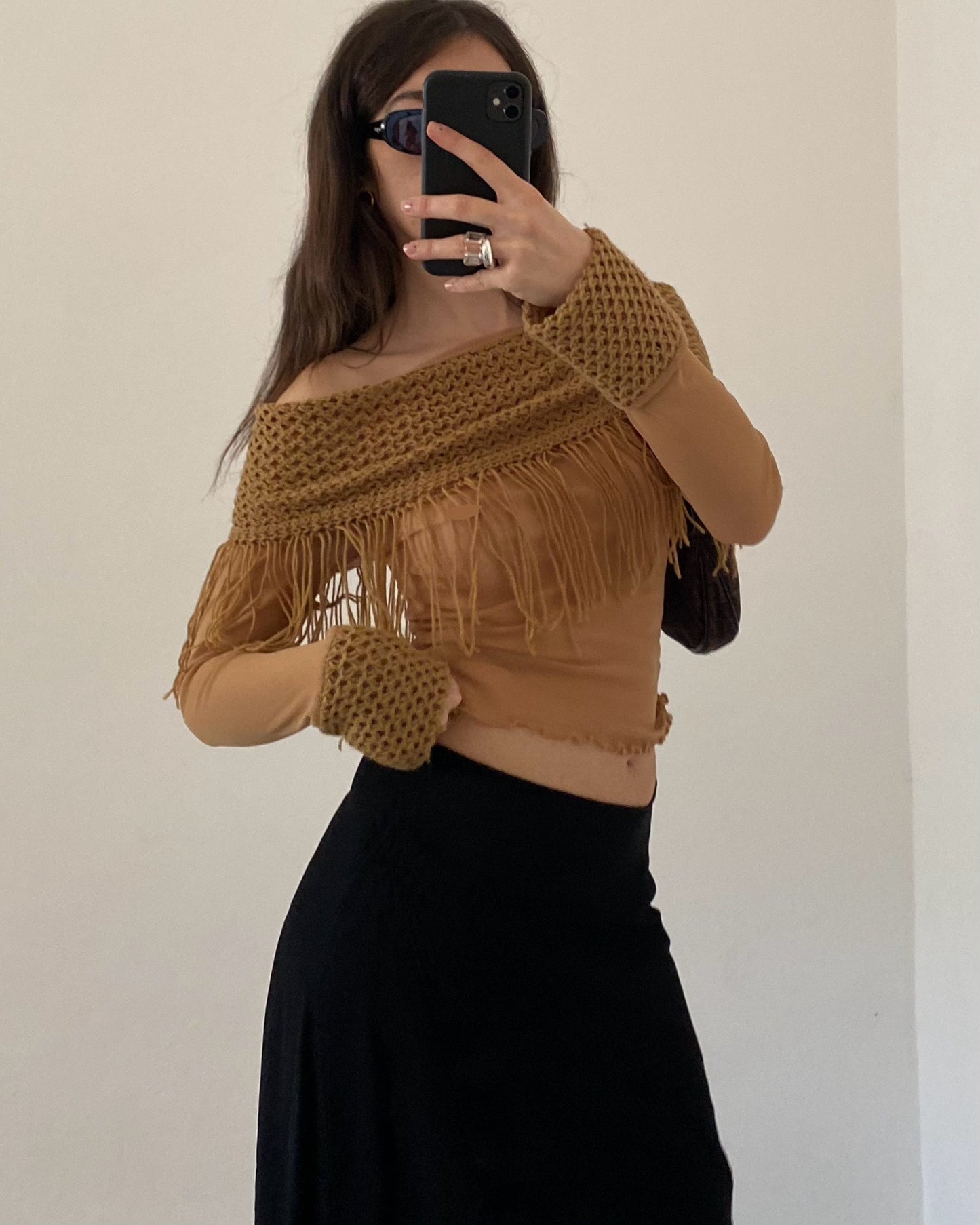 Sheer fringed micro mesh top