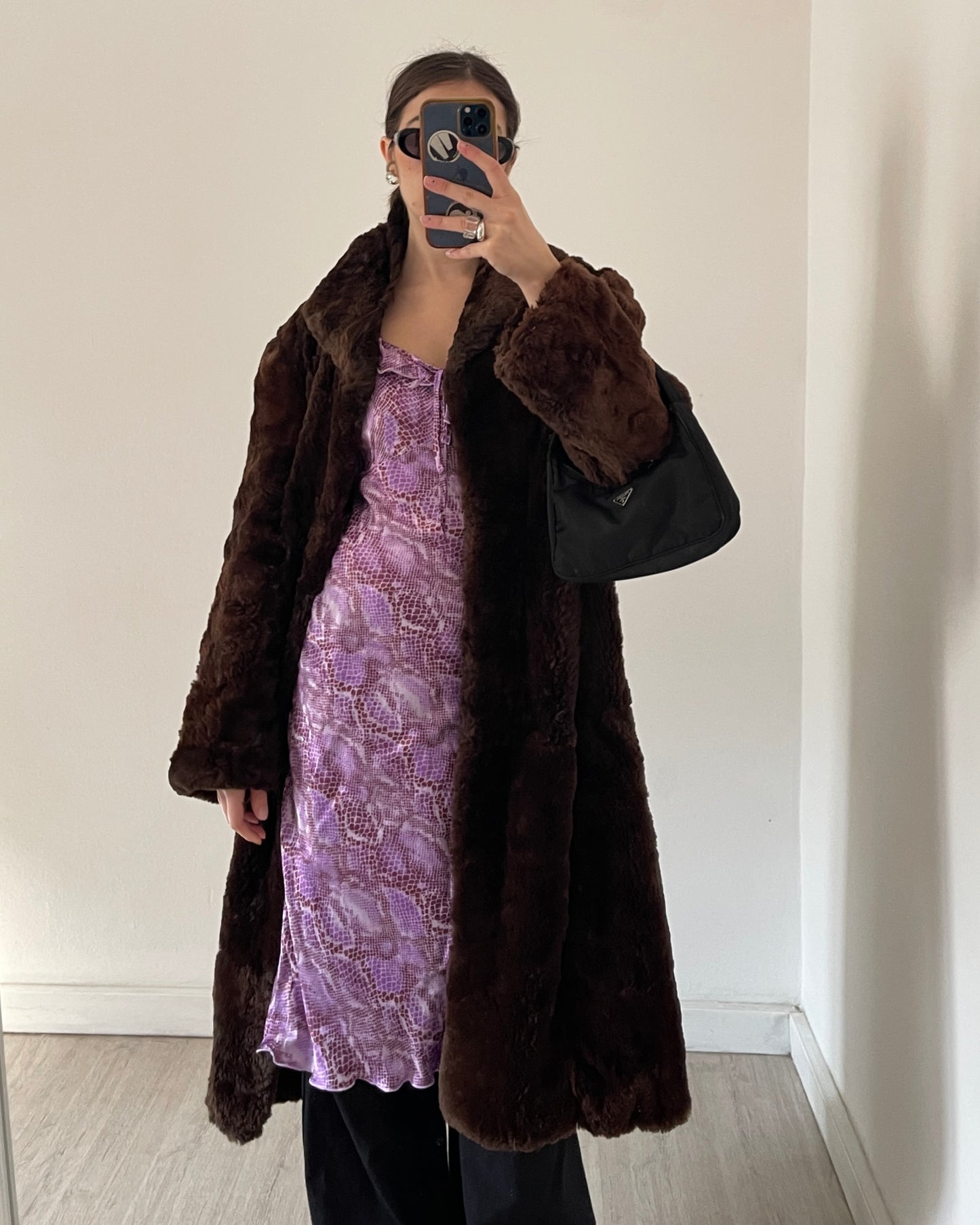 Brown long faux fur coat