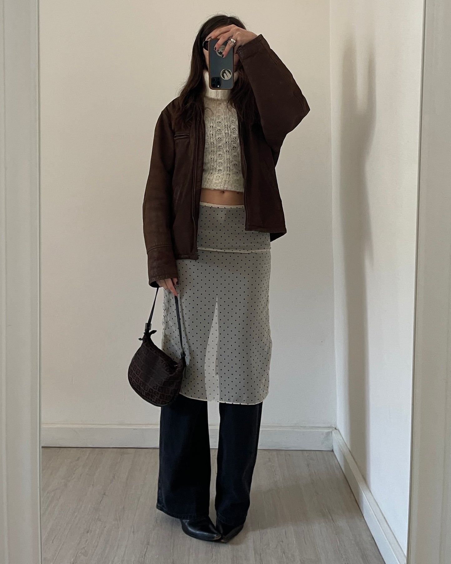 Brown leather bomber jacket