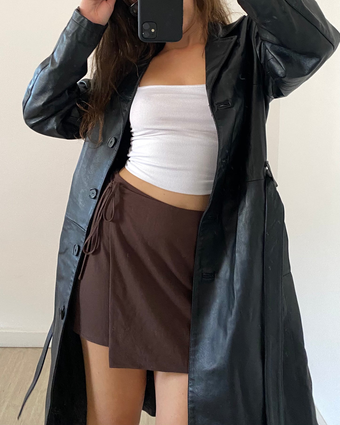 Belted leather trench jacket