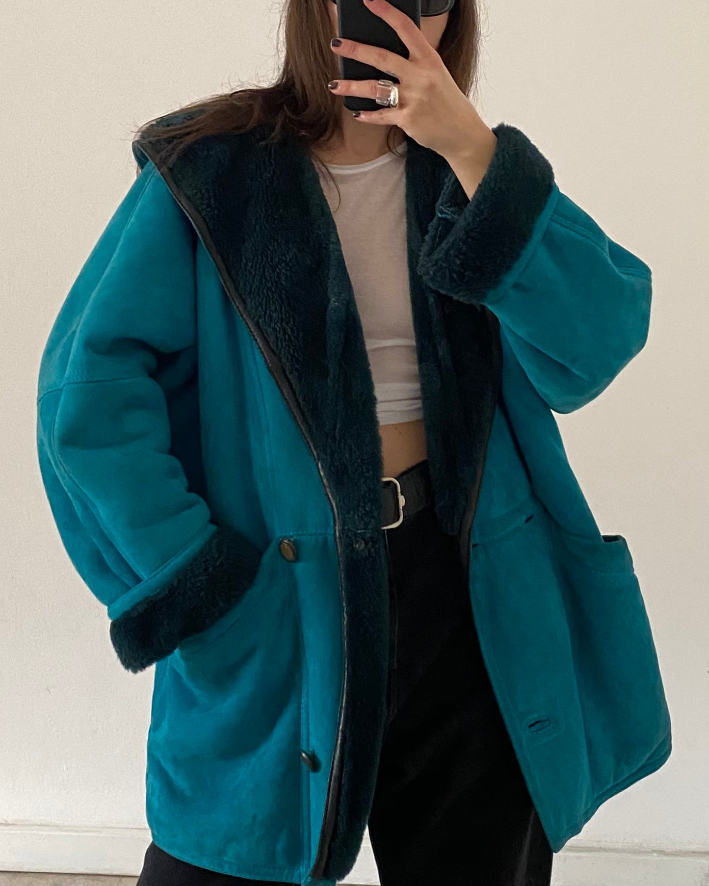 Teal shearling coat