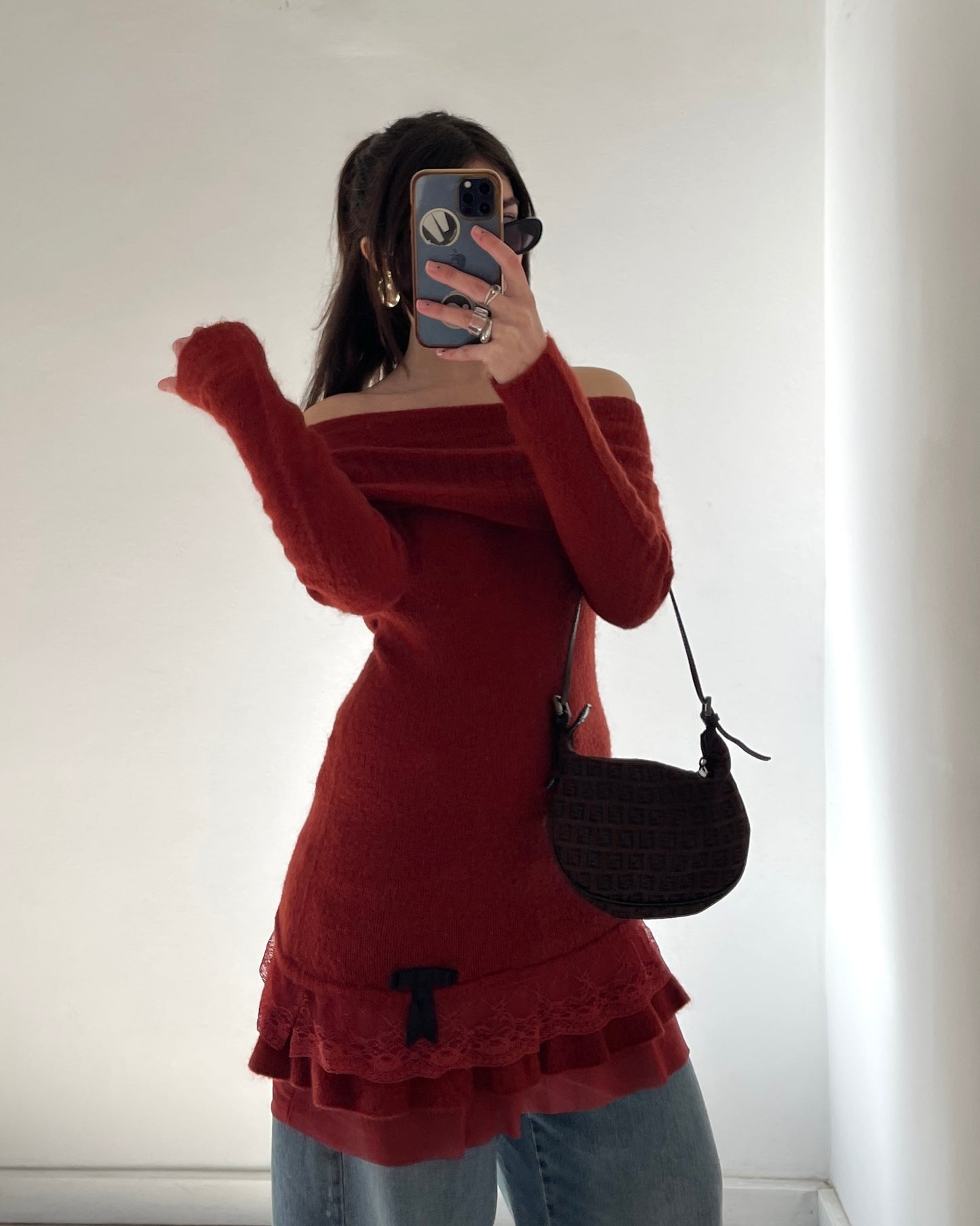 Knit dress with lace volants