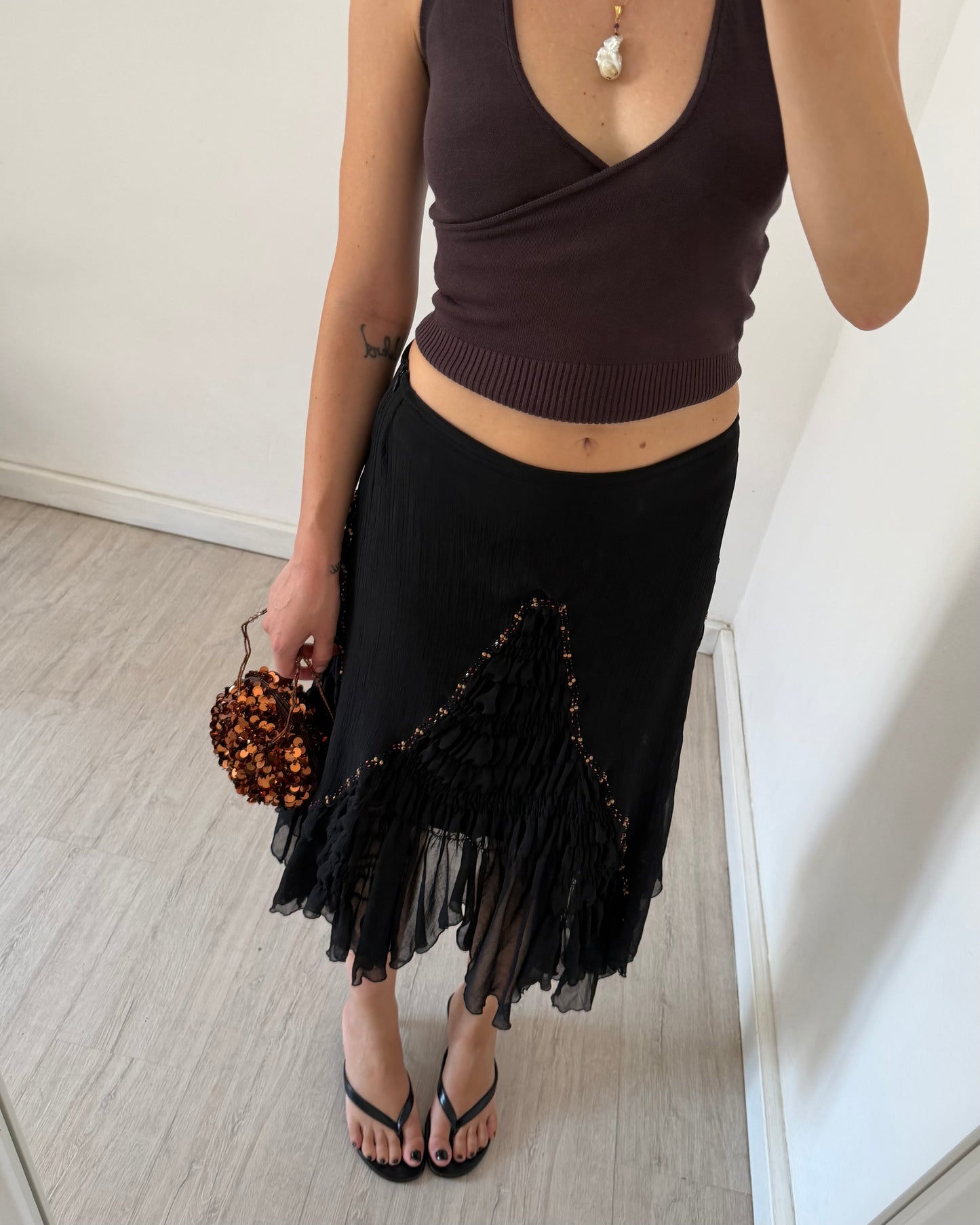 Embroidered chiffon midi skirt