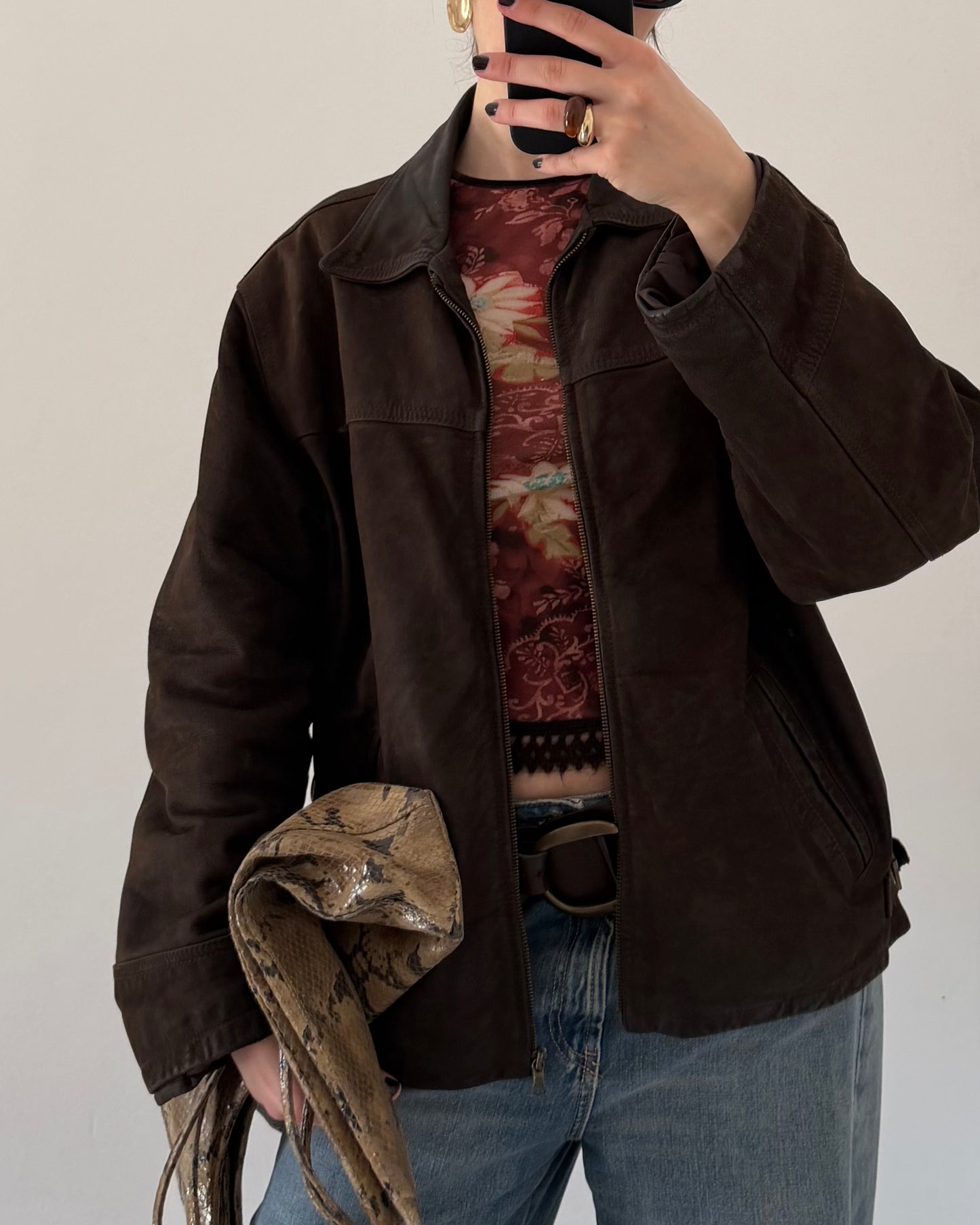 Brown distressed leather bomber jacket