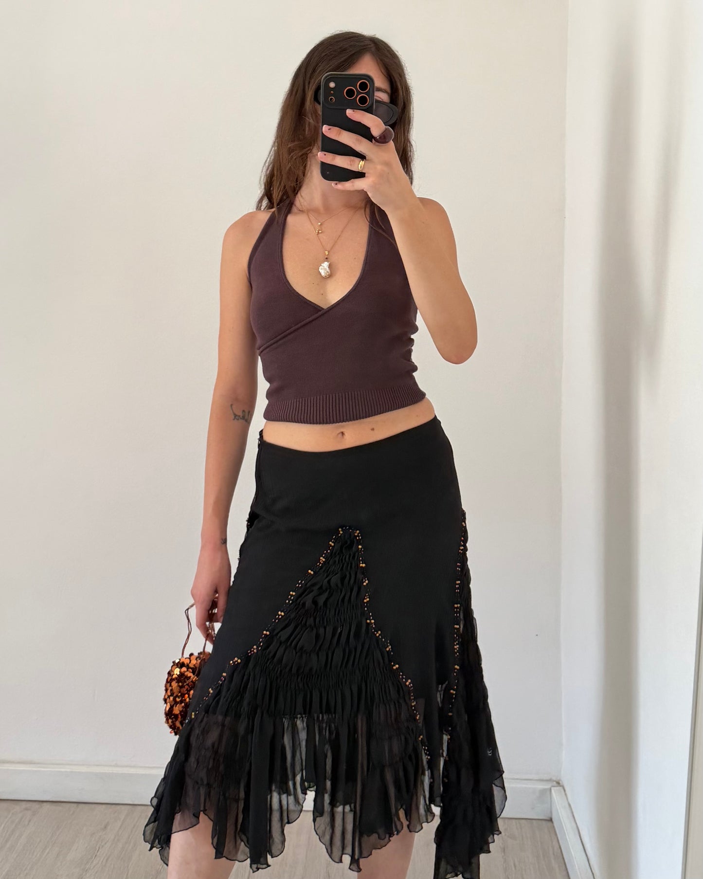 Embroidered chiffon midi skirt