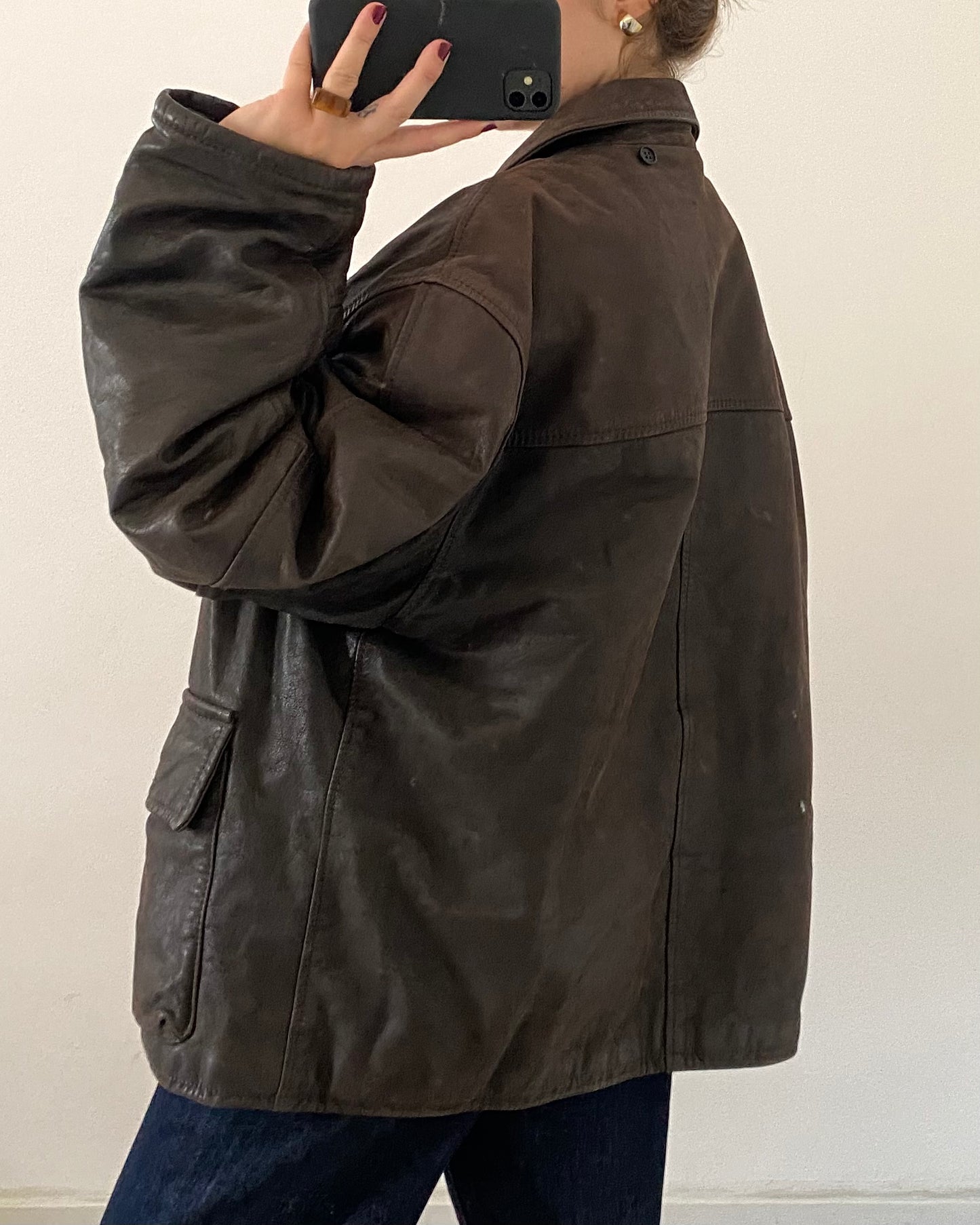 Brown leather bomber jacket