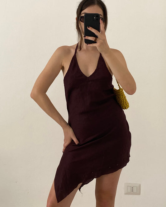 Brown asymmetric ramie dress