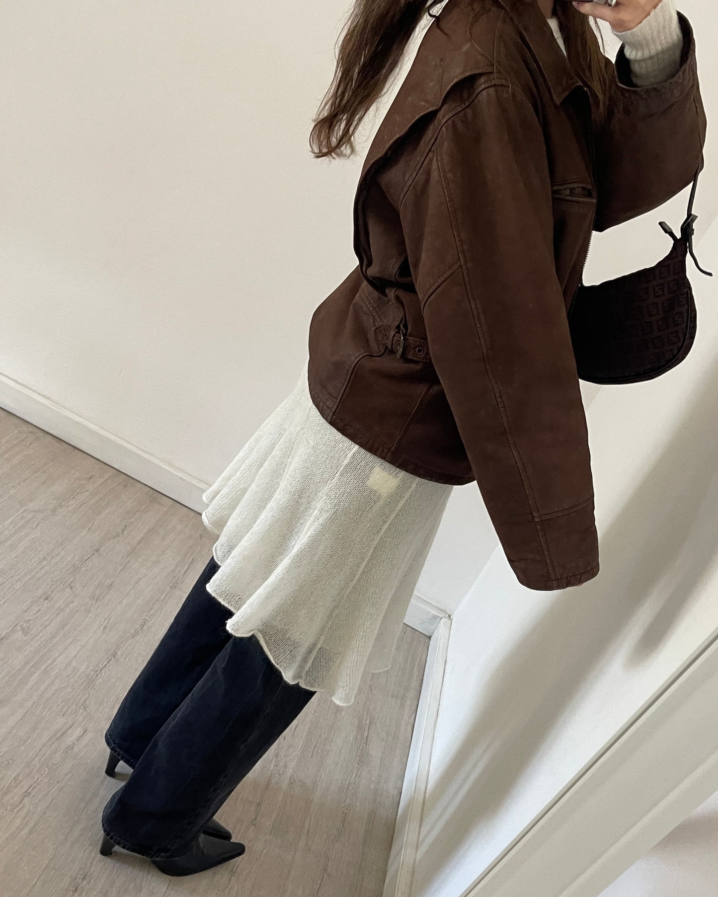 Brown leather bomber jacket