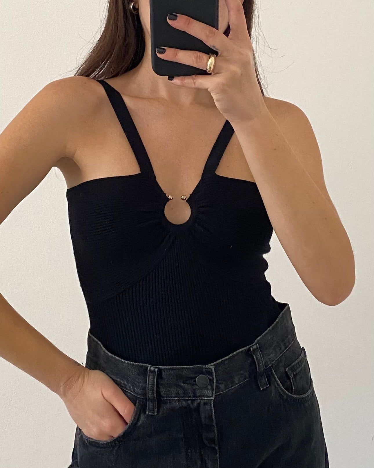 Knit bodysuit with metal ring